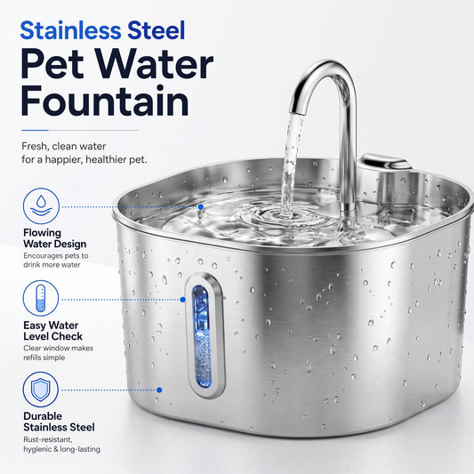 Stainless steel pet water fountain with a curved faucet and flowing water, shown on a light gray background with marketing text and feature callouts.