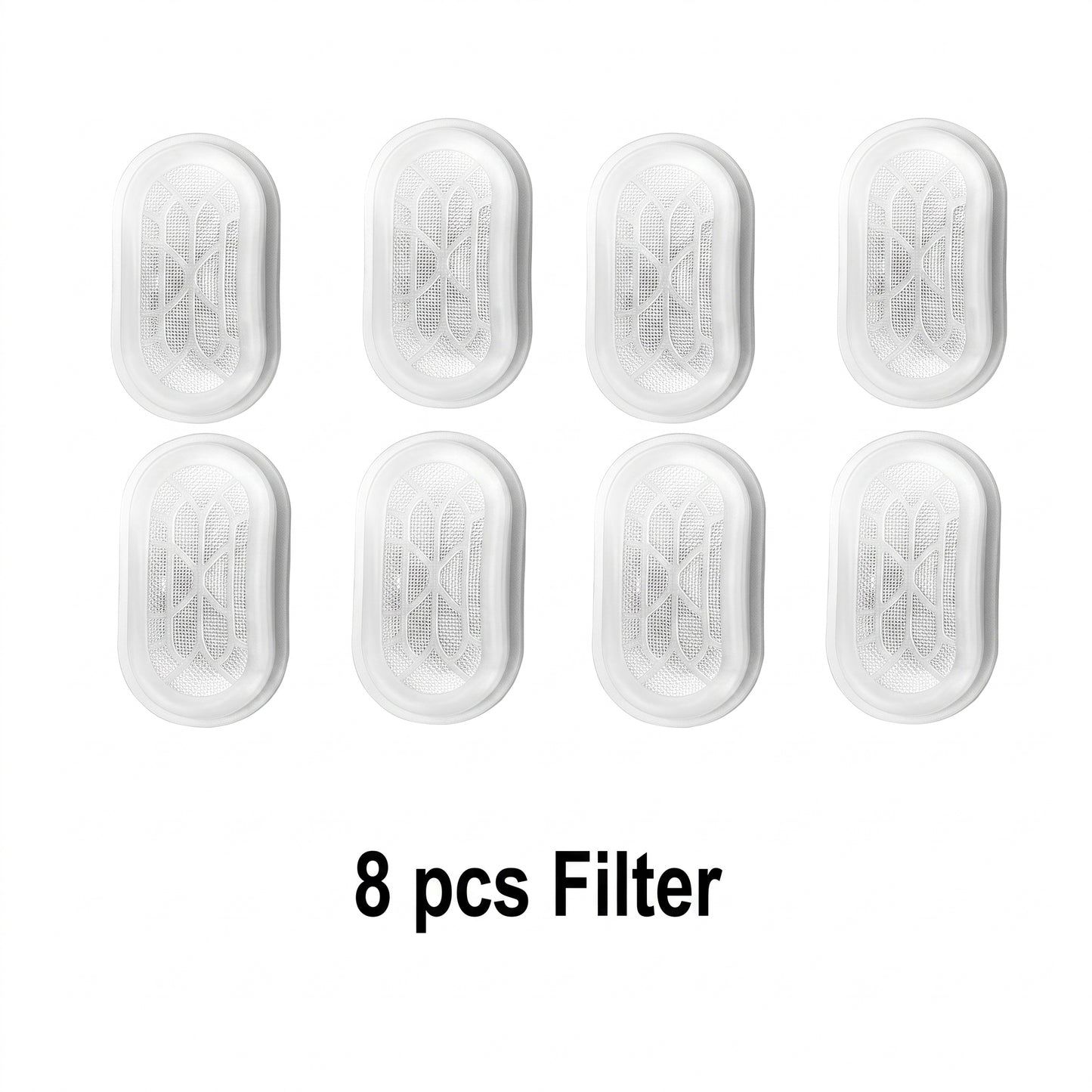 Eight clear oval filter cartridges arranged in two rows on a white background, with the text '8 pcs Filter' below them.