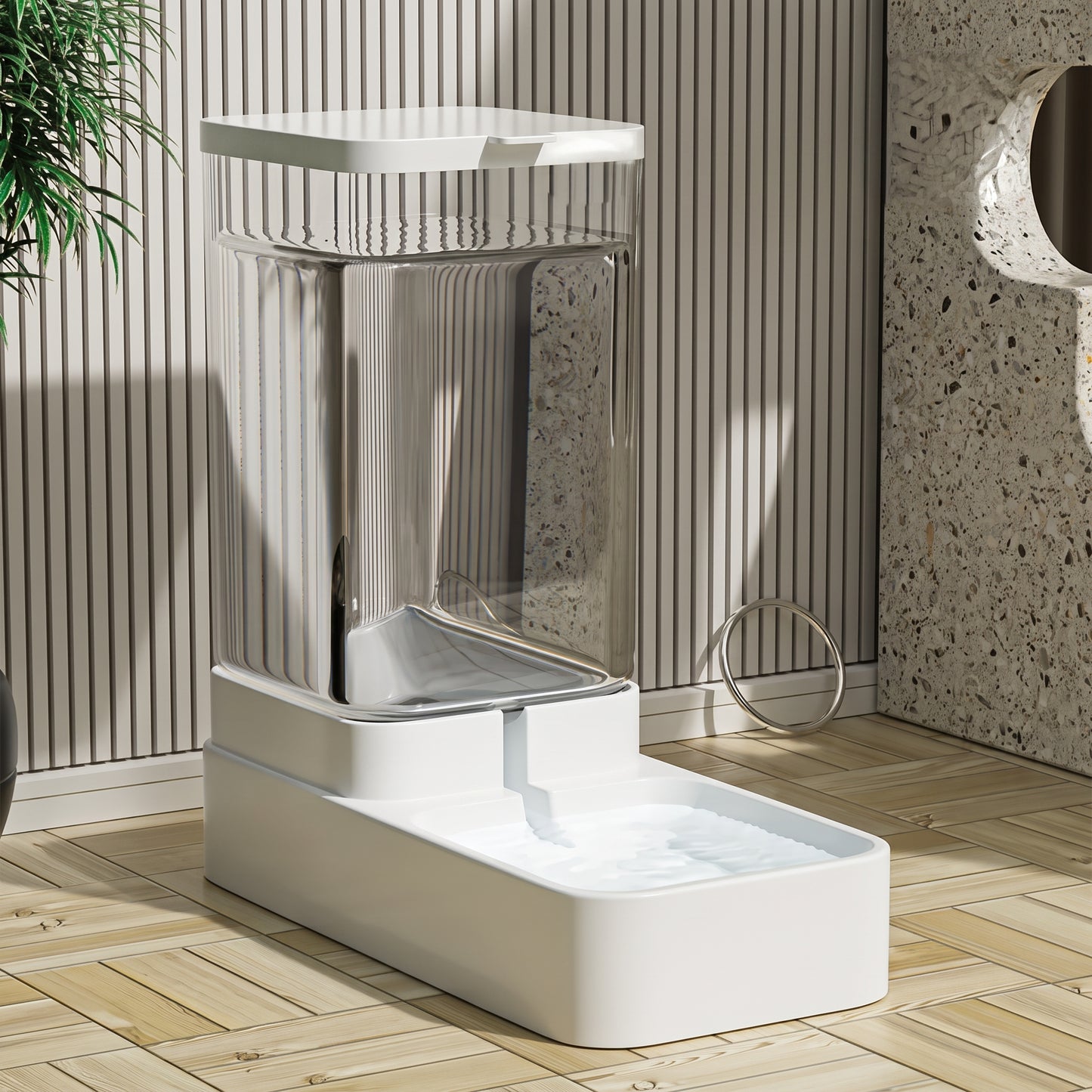 Modern white pet fountain on a wooden floor with a neutral background