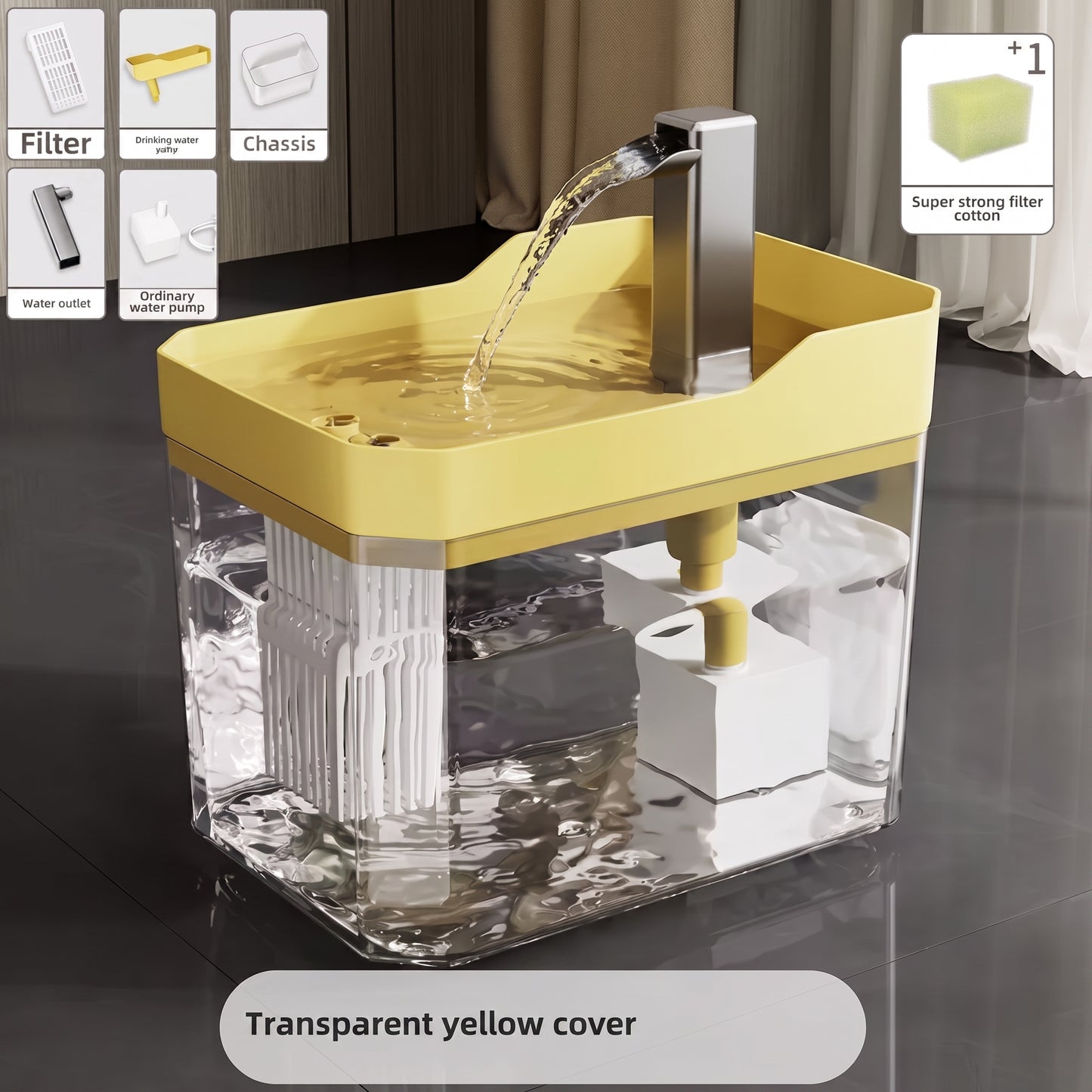 Yellow water filter with clear base on a dark surface