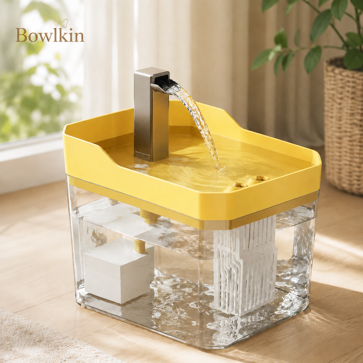 A Bowlkin countertop water fountain with a clear acrylic base, yellow top tray, and a brushed metal spout pouring water into the tray. The product is shown on a light wood surface in a bright room with a window and plant in the background.