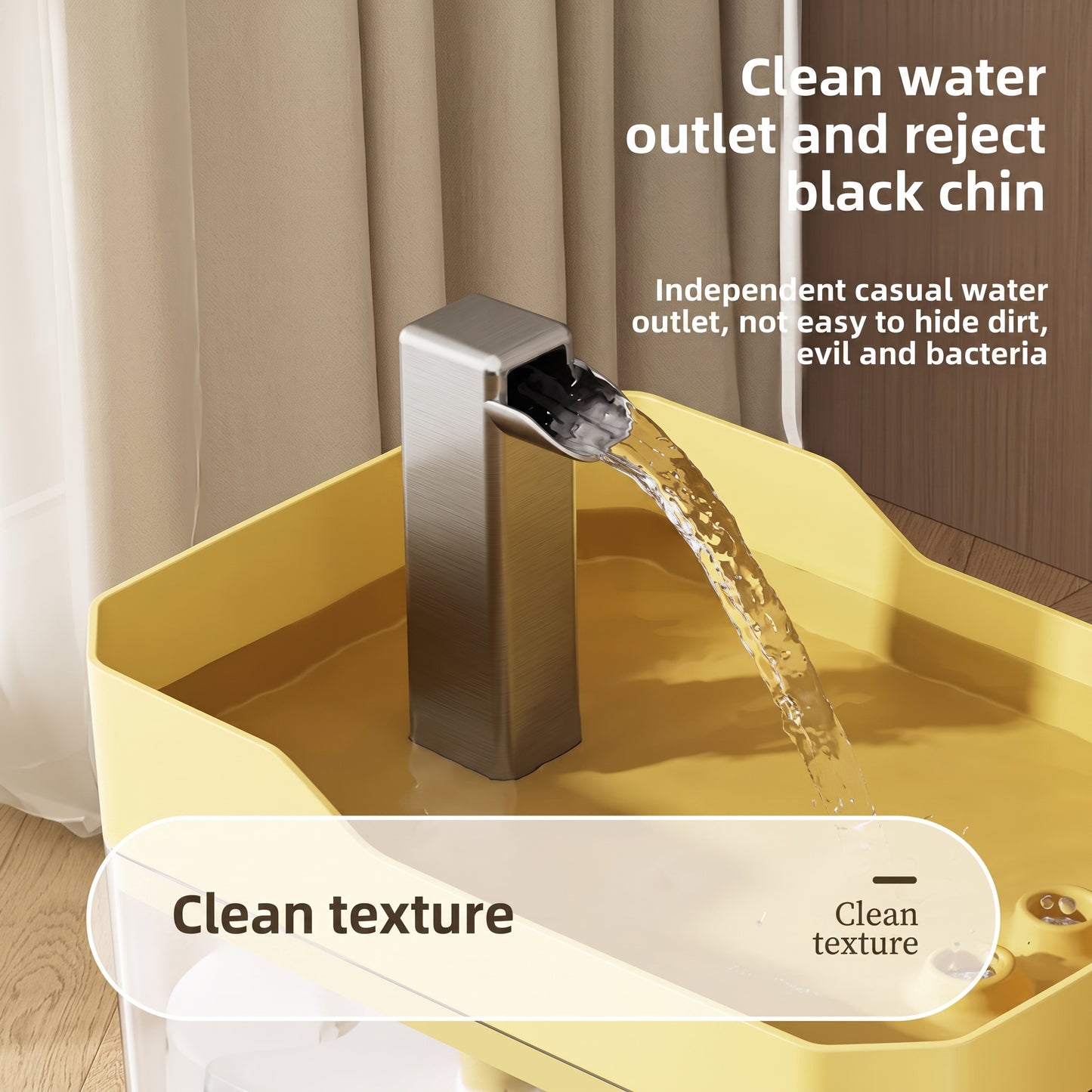 Yellow sink with a silver faucet and water flowing, with text about water outlet and reject black chin.