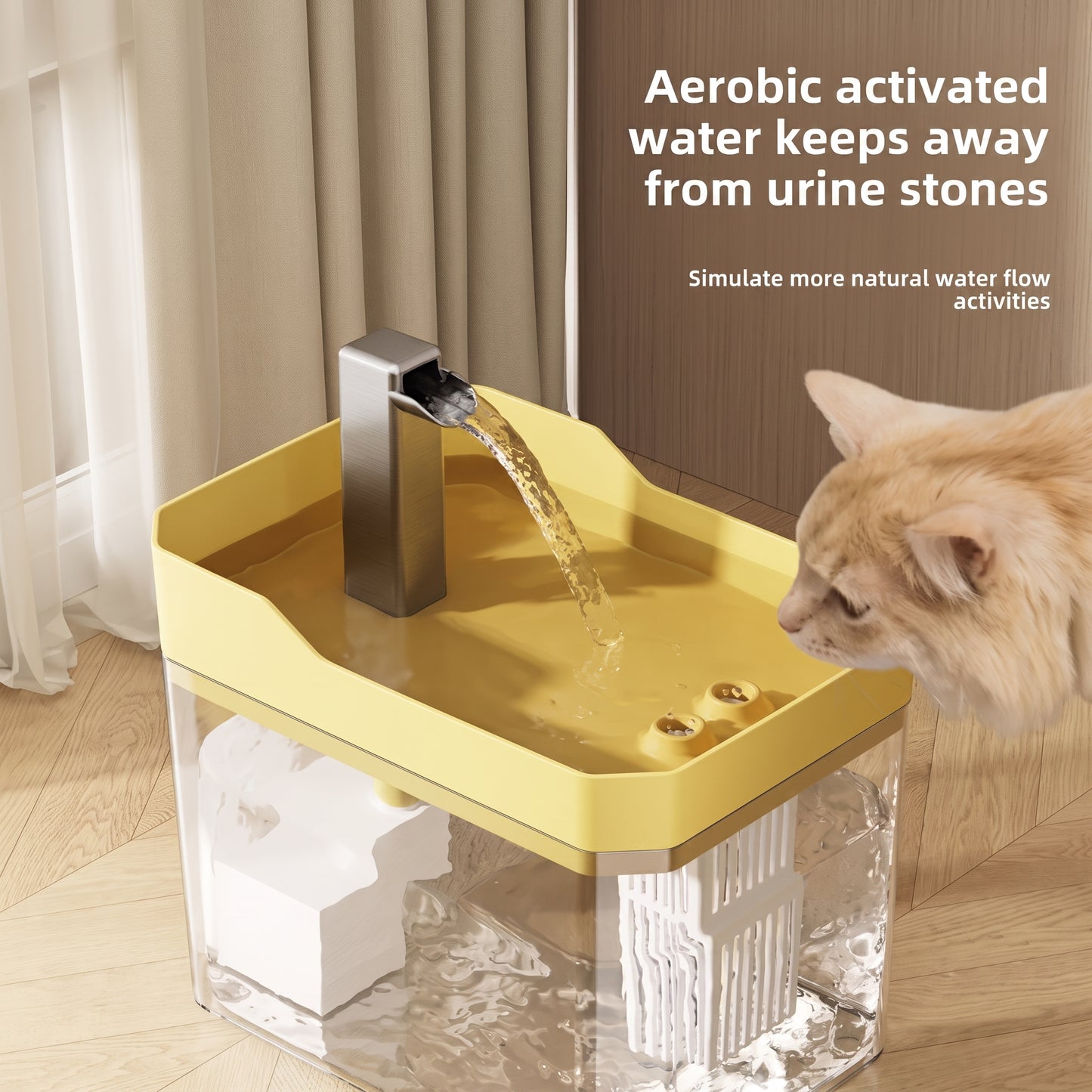 Cat drinking water from a yellow pet fountain with text about aerobic activated water.