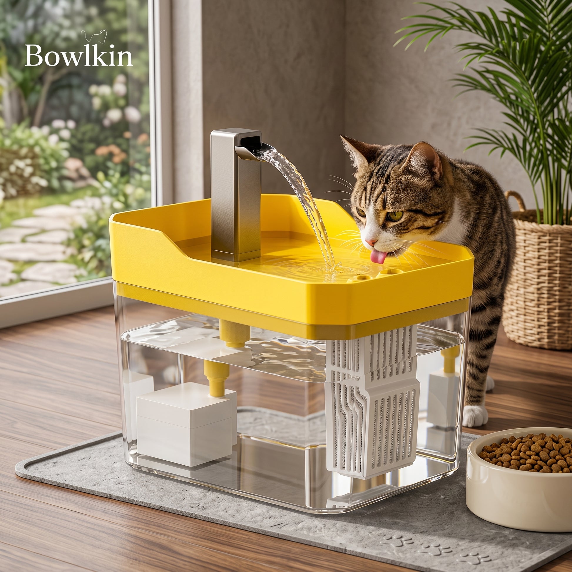 A cat drinking water from a Bowkin automatic pet water fountain with a yellow top tray, clear lower tank, and stainless steel spout, shown in a home setting with a food bowl nearby.