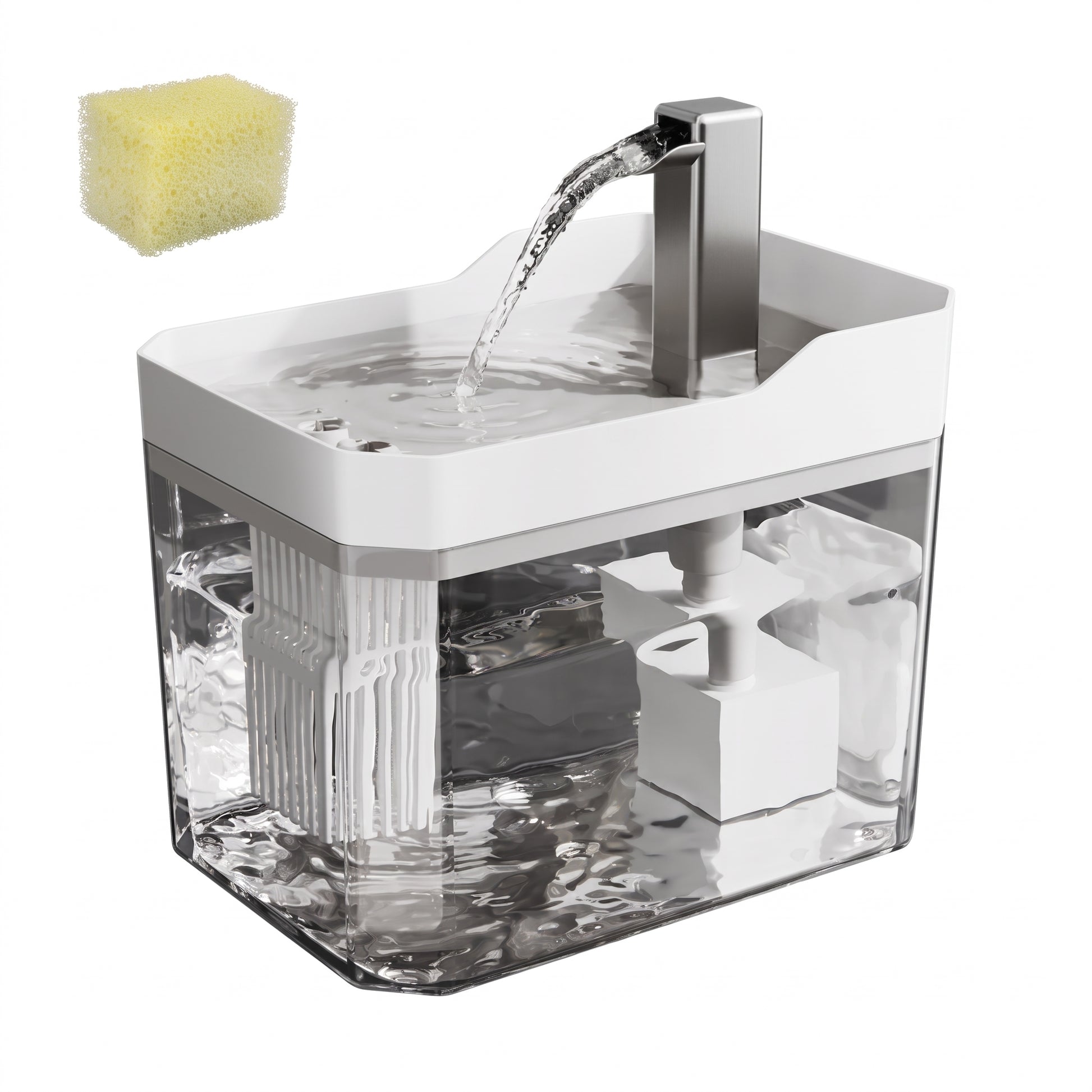A modern water fountain and sink combo with a clear acrylic base, white top basin, and a chrome faucet spout from which water flows. A yellow sponge is shown in the upper left corner against a plain white background.