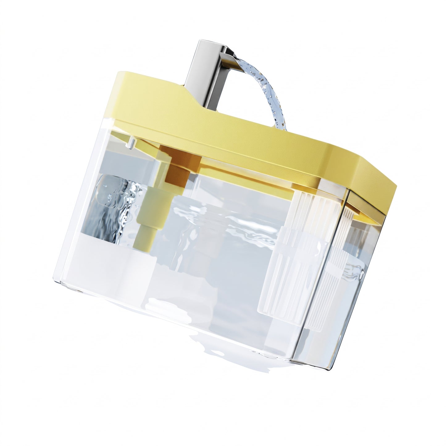 Clear face shield with yellow rim and handle on a white background
