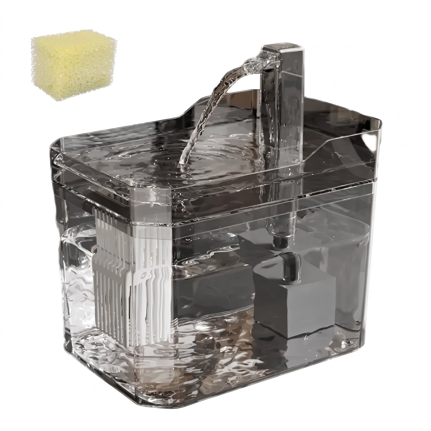 A clear acrylic fish tank with a gray internal filter and a small yellow sponge shown in the upper left, on a white background.