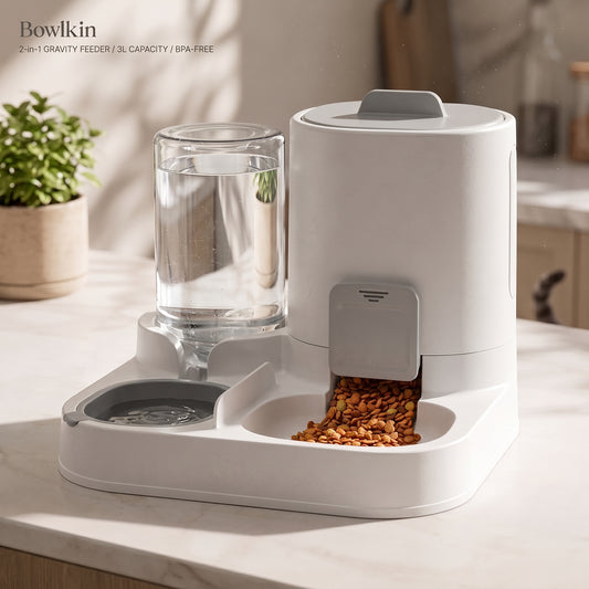 A white Bowkin 2-in-1 gravity feeder and water dispenser sits on a light marble countertop in a kitchen setting, with dry pet food falling from the feeder and a glass of water in the reservoir.