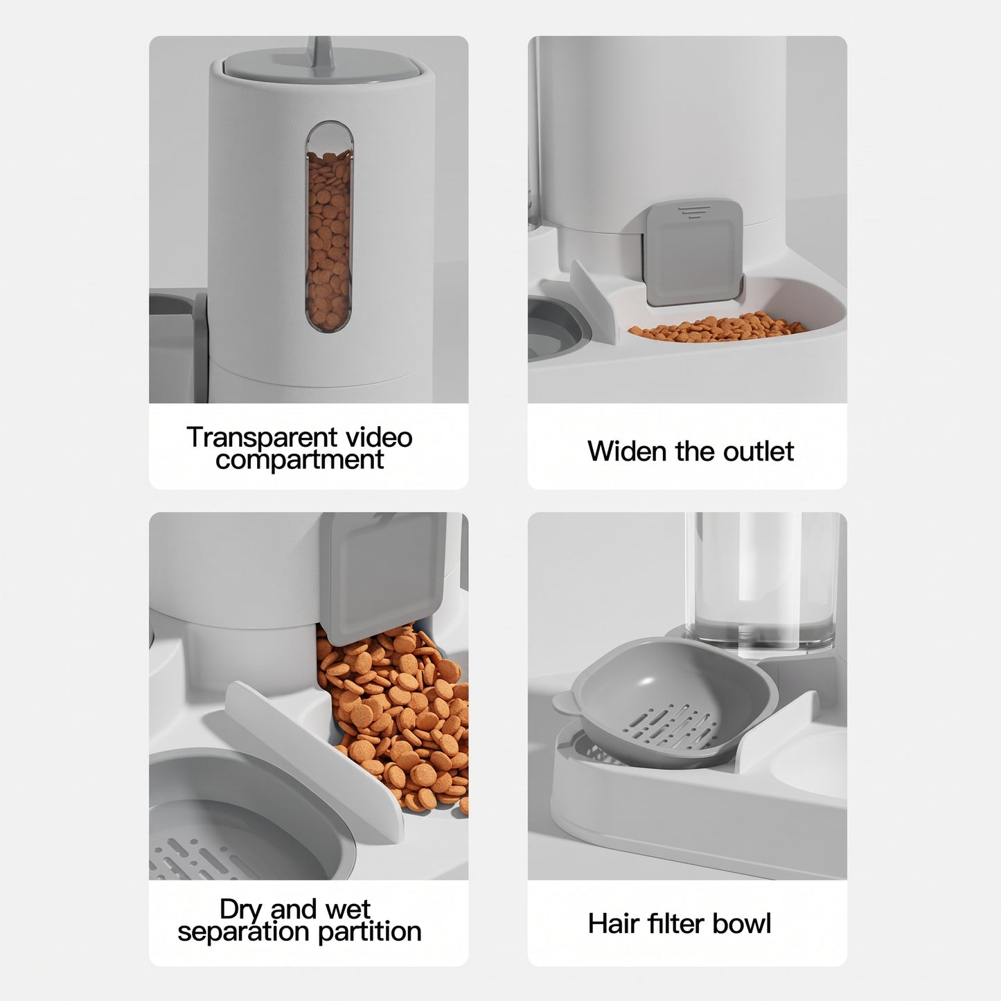 Four-panel feature graphic of a pet food dispenser with labels: transparent video compartment, widen the outlet, dry and wet separation partition, and hair filter bowl.