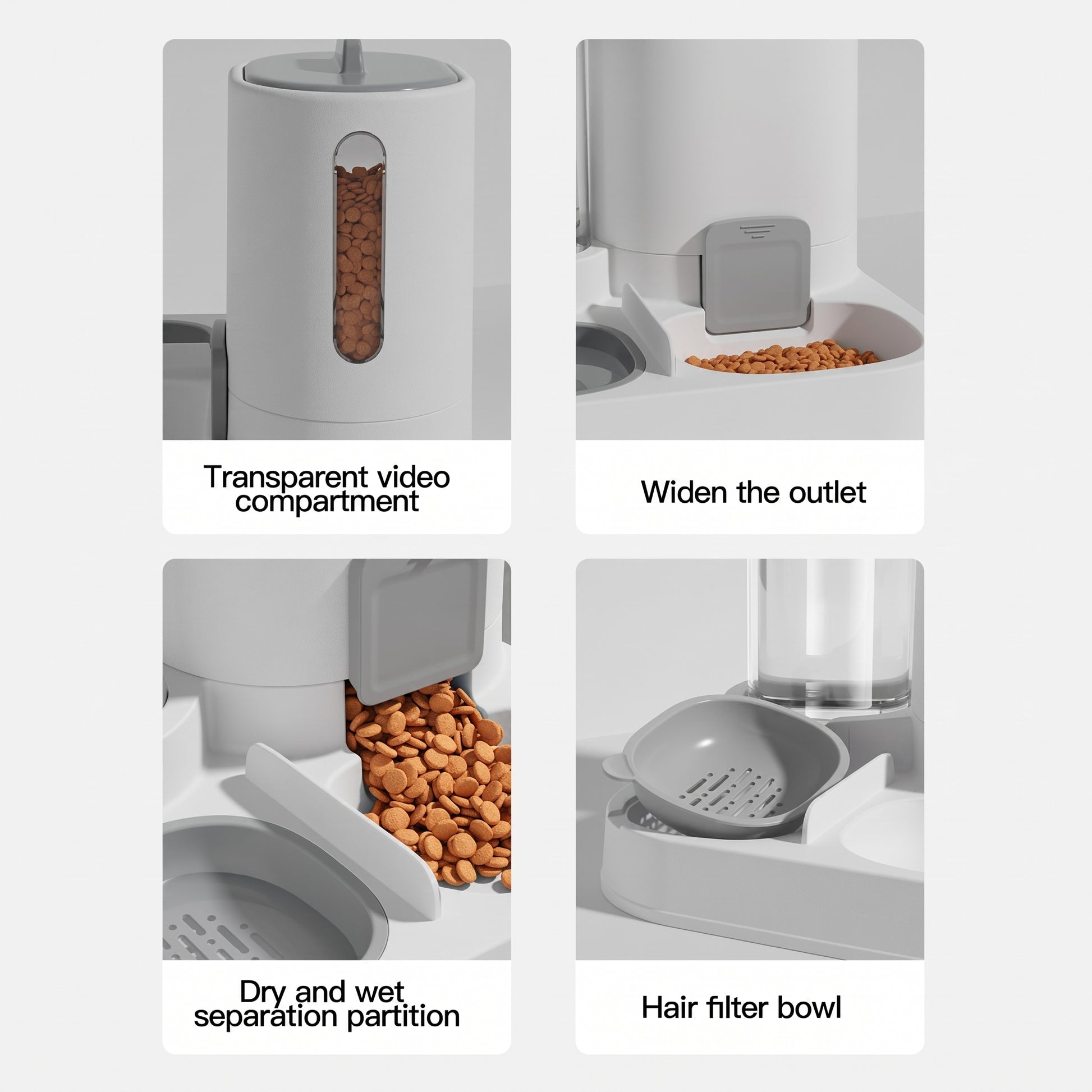 Four-panel feature graphic of a pet food dispenser with labels: transparent video compartment, widen the outlet, dry and wet separation partition, and hair filter bowl.
