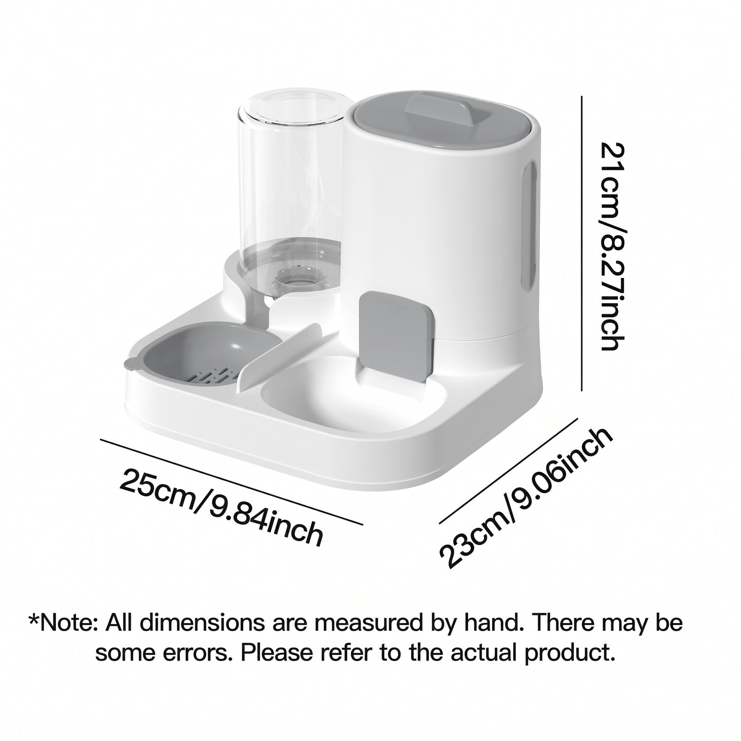White pet feeder with dimensions labeled on a white background