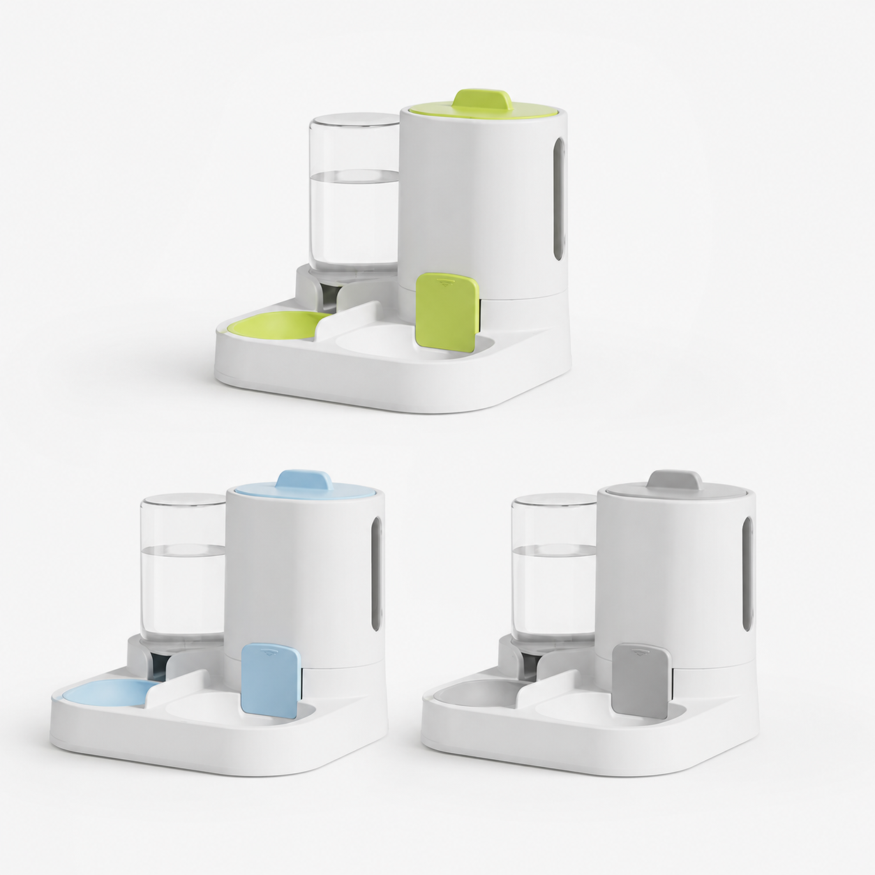 Three pet water fountains shown on a clean white background, each in a different color variant: lime green, light blue, and gray. The fountains have a modern cylindrical design with clear water reservoirs and dispensing nozzles.