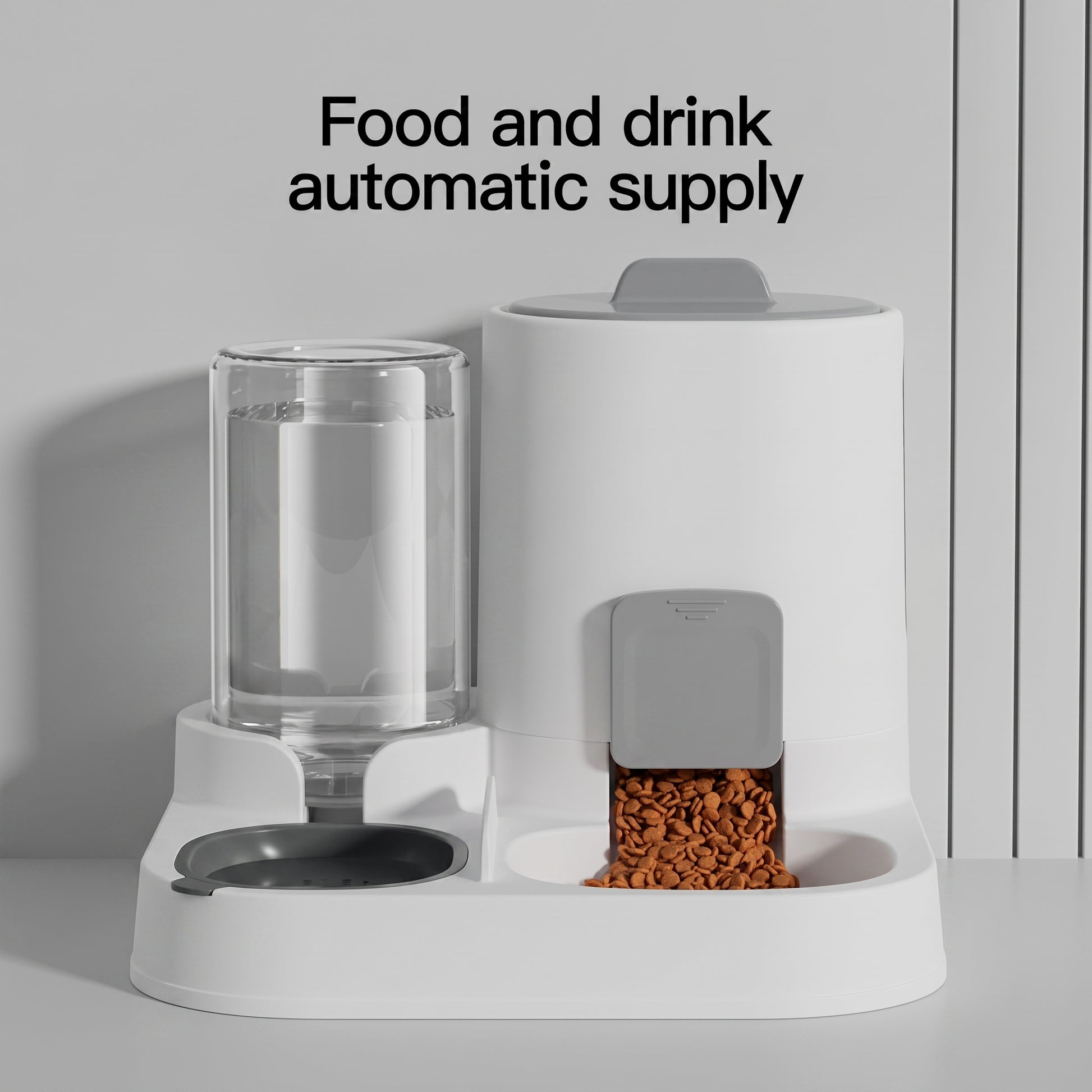 White automatic pet feeder and water dispenser with a clear water bottle, white food canister, and a bowl of kibble, shown with the text 'Food and drink automatic supply' on a light gray background.