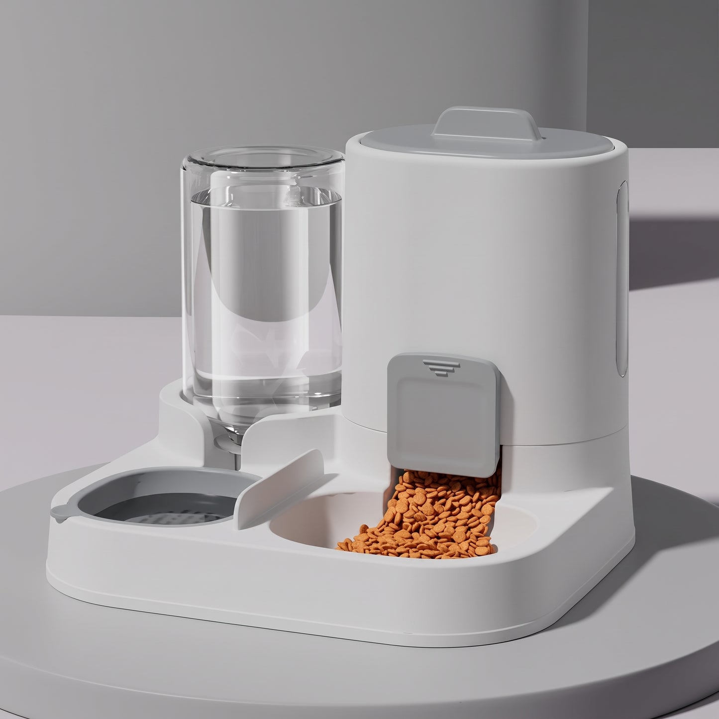 Pet feeder and water dispenser on a light gray surface with a white background