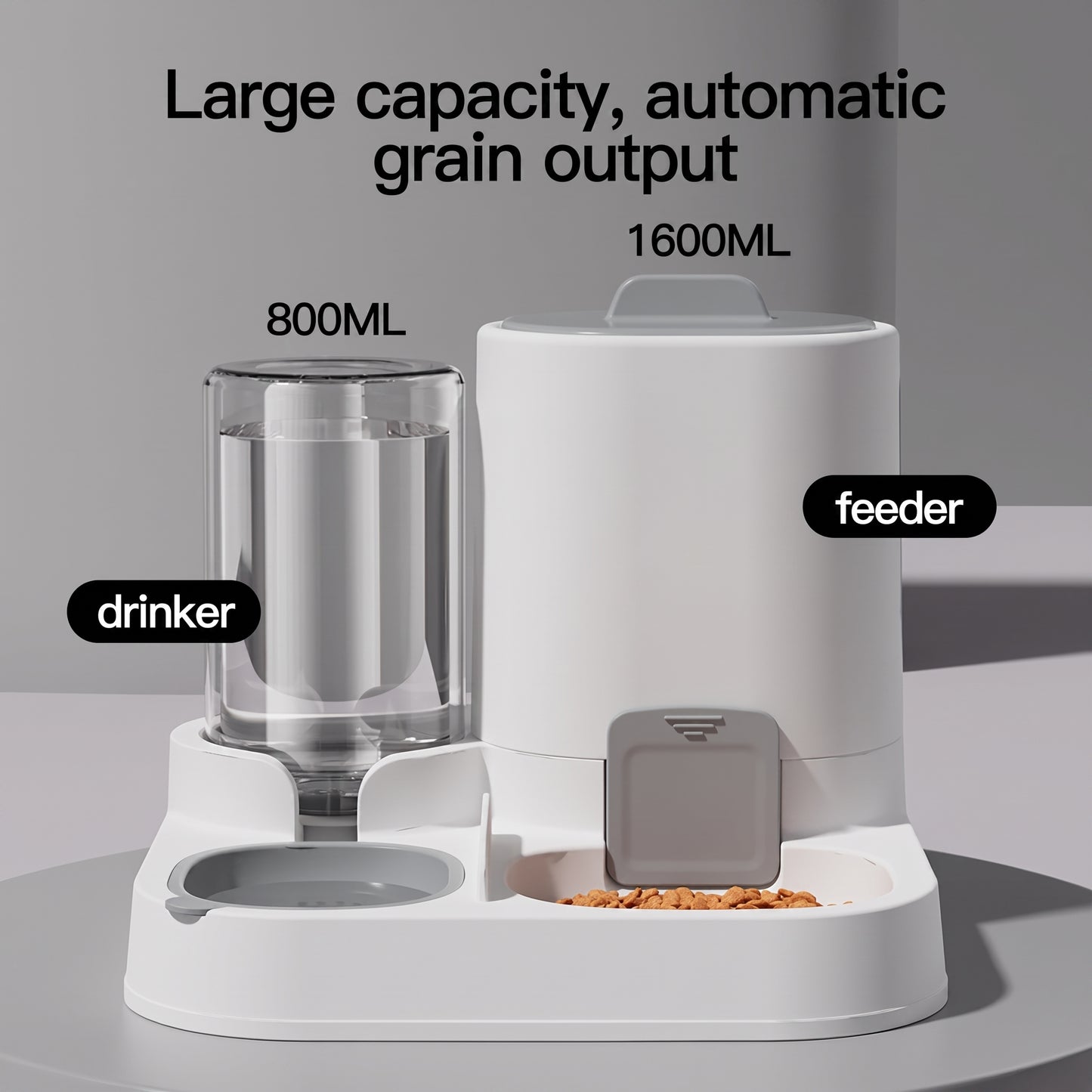 White automatic pet feeder and waterer combo with a 1600ML food reservoir and 800ML water bottle, shown on a light gray background with text overlays.
