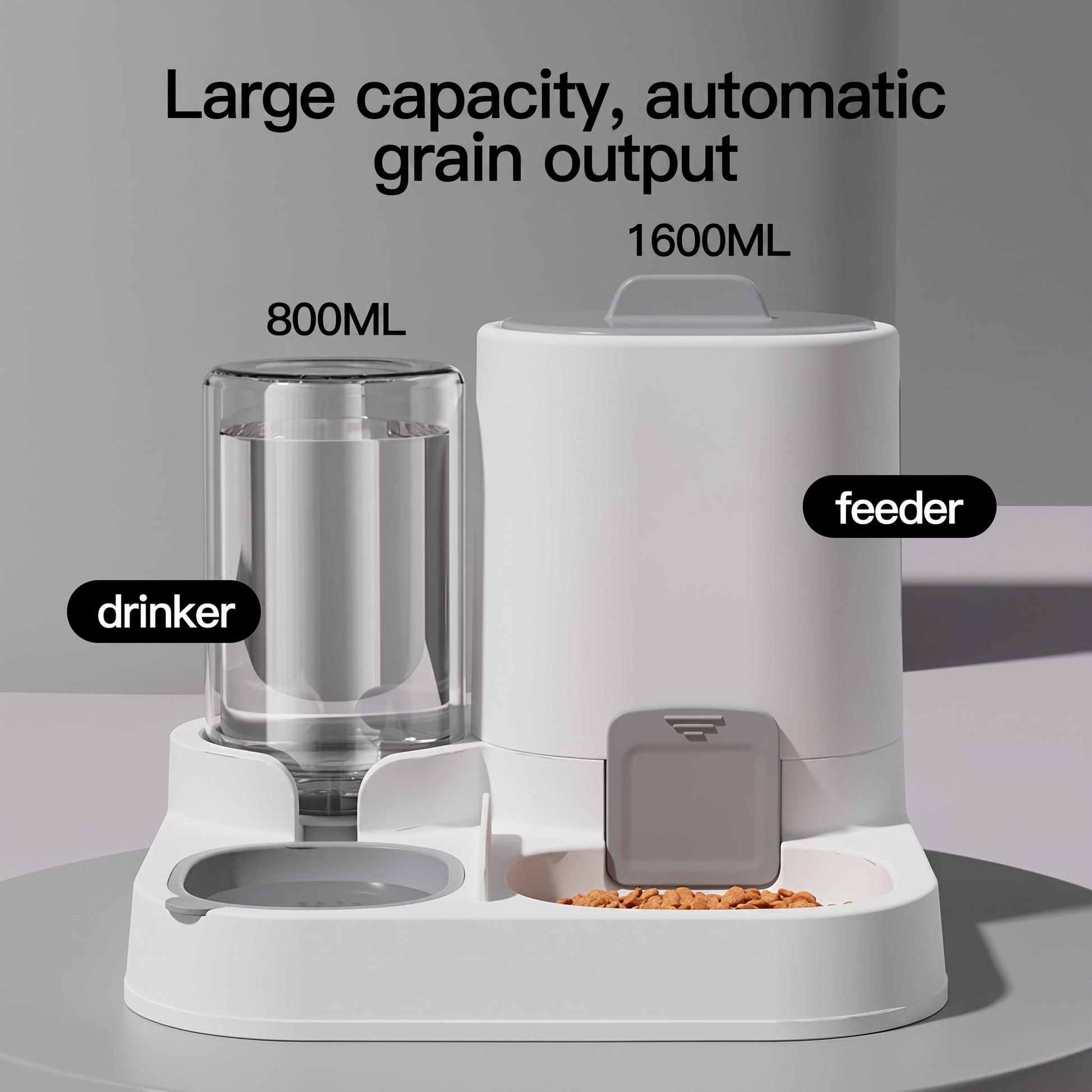 White automatic pet feeder and waterer combo with a 1600ML food reservoir and 800ML water bottle, shown on a light gray background with text overlays.