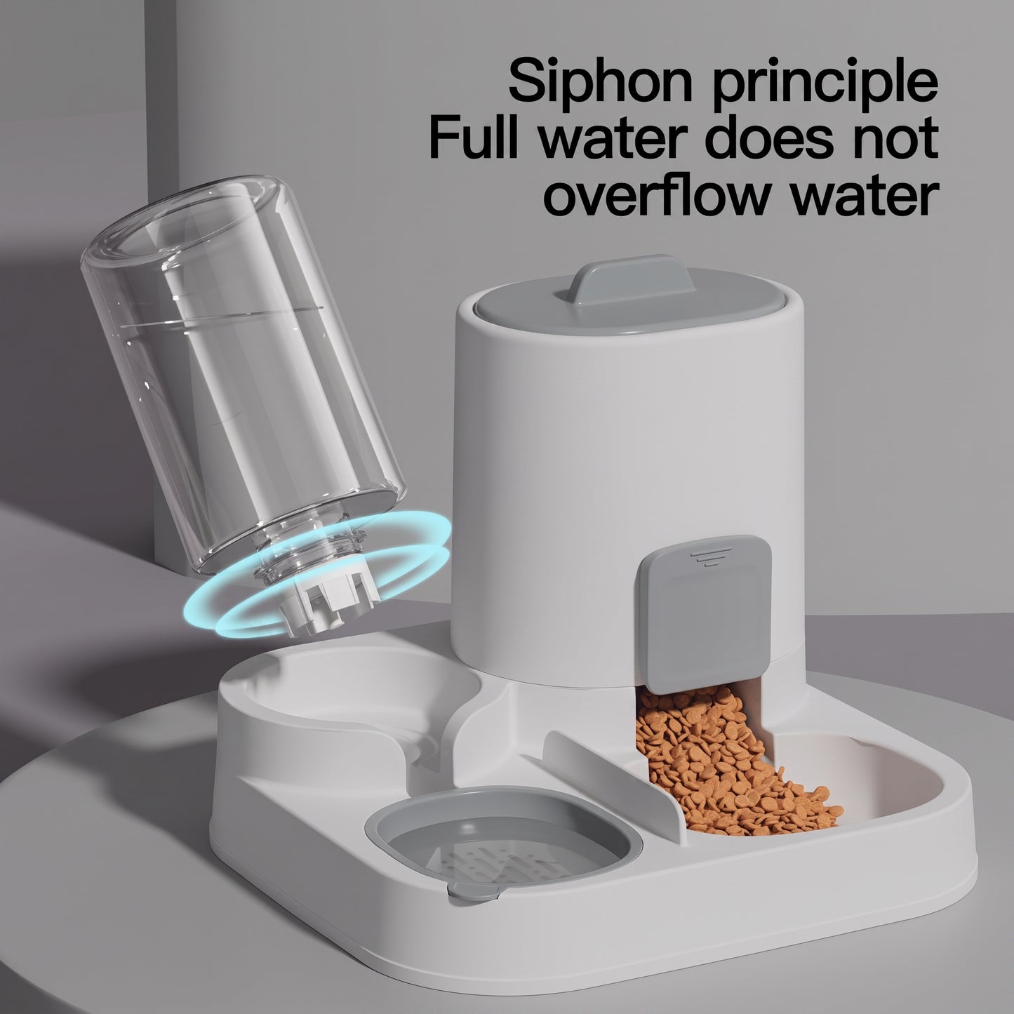 Pet feeder with water dispenser and text explaining the siphon principle.
