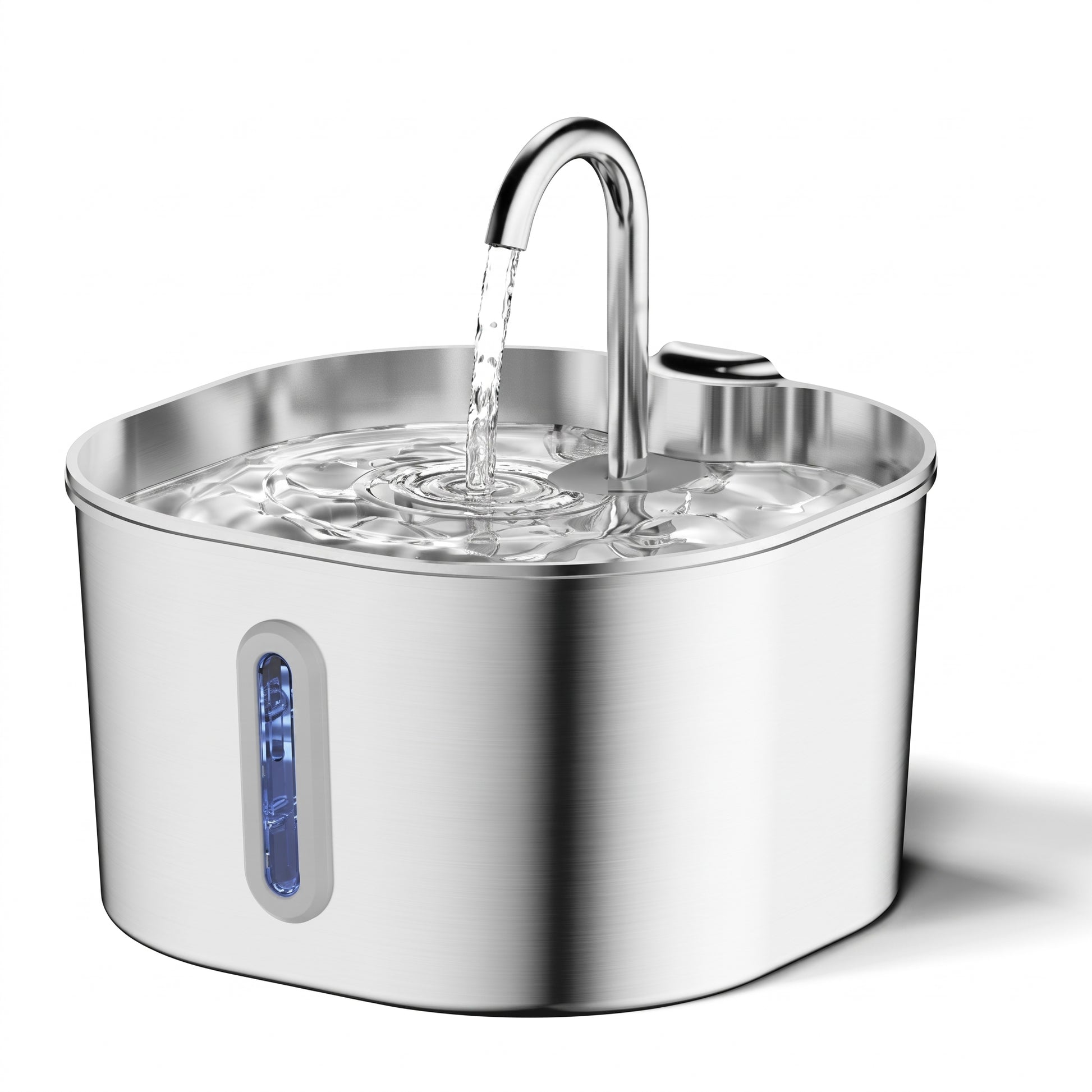 Stainless steel pet water fountain on a white background