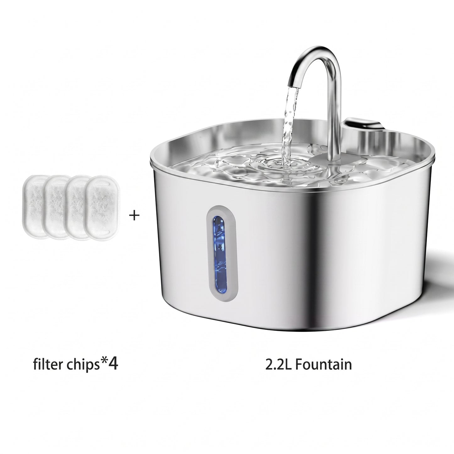A stainless steel pet fountain with a curved faucet and water flowing into a 2.2L tank, shown on a white background with four filter chips and text reading 'filter chips*4' and '2.