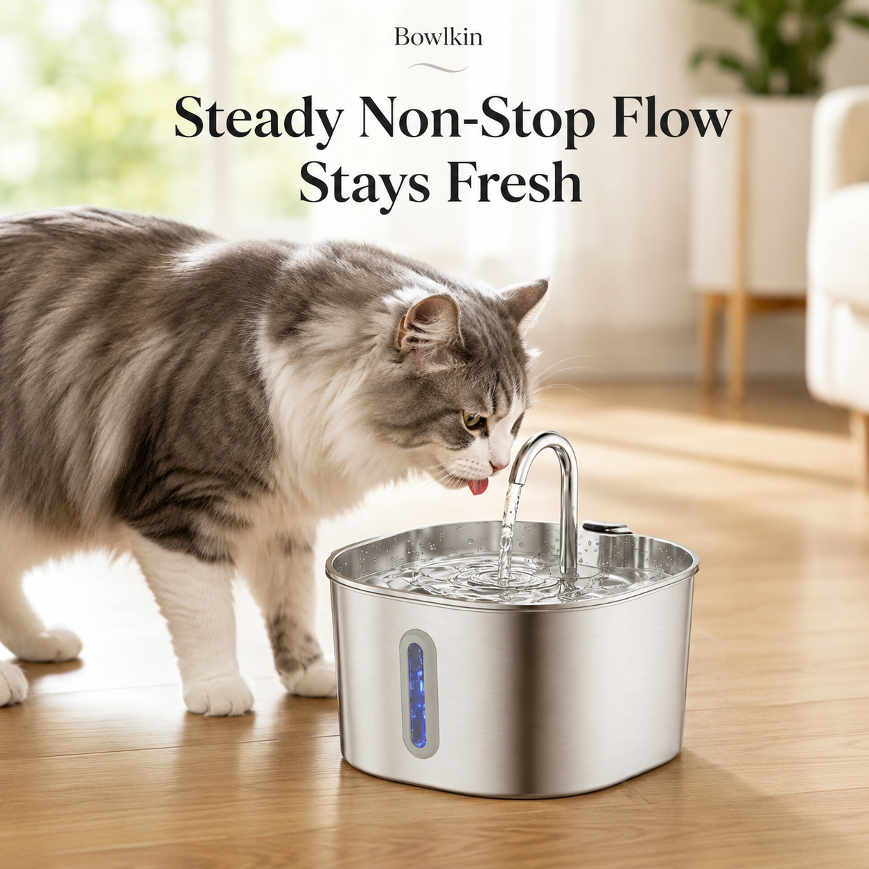 A long-haired gray and white cat drinking water from a stainless steel pet fountain with a curved spout. The scene is set in a bright, modern room with wooden floors, and text at the top reads 'Bowlkin Steady Non-Stop Flow Stays Fresh'.