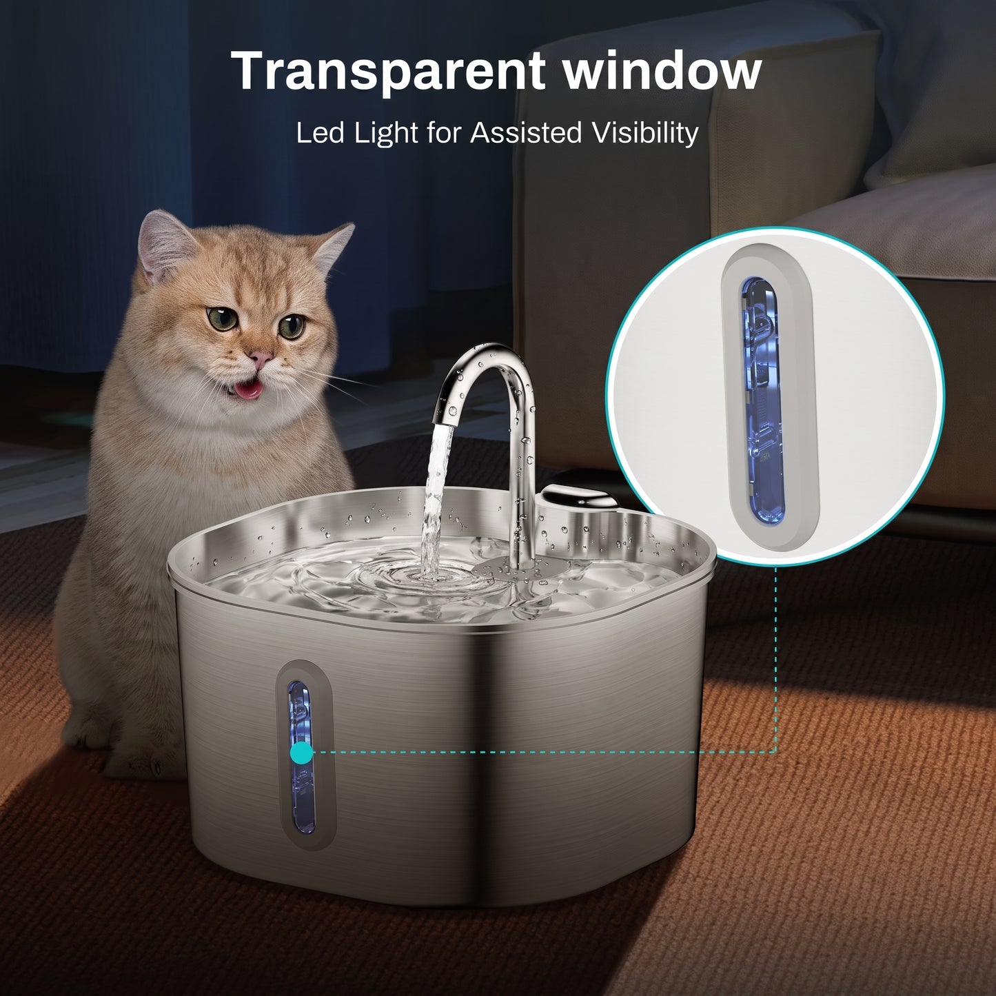 A cat sits beside a stainless steel pet water fountain with water flowing from the spout. The image includes text reading 'Transparent window' and 'Led Light for Assisted Visibility,' plus a circular inset showing the illuminated window detail.
