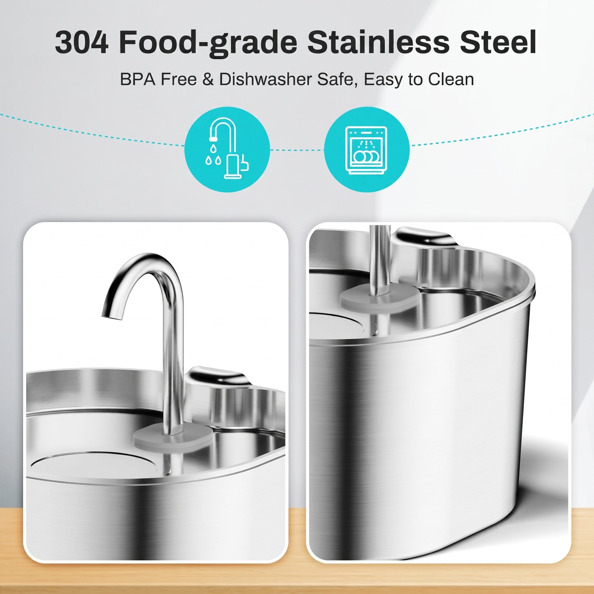 A stainless steel sink faucet and matching cylindrical sink container shown on a clean light gray background with marketing text reading '304 Food-grade Stainless Steel' and 'BPA Free & Dishwasher Safe, Easy to Clean.' Two inset product views appear below, one showing the faucet installed in a sink and the other showing the container with a faucet inserted.