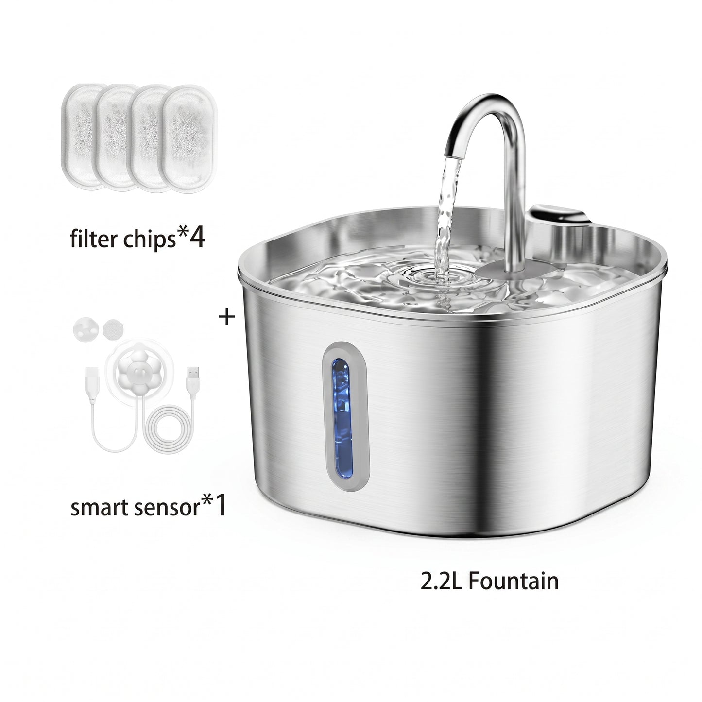 A stainless steel pet fountain with a curved spout and running water, shown on a white background with included accessories: four filter chips, a smart sensor, and a plus sign indicating included parts. Text reads '2.