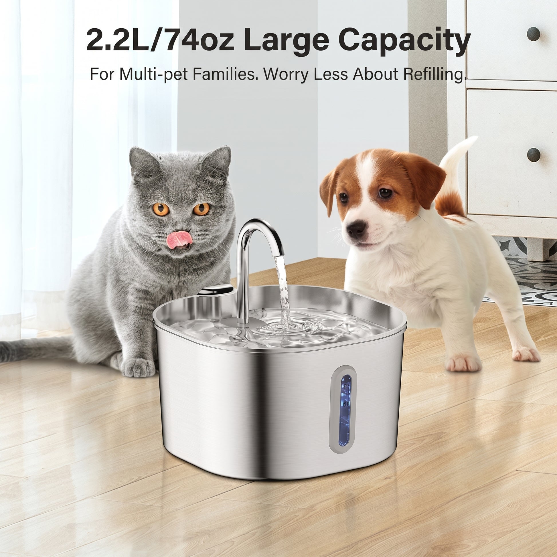 A large stainless steel pet water fountain with running water, shown on a wooden floor with a gray cat licking its lips on the left and a brown-and-white puppy on the right. Text at the top reads '2.