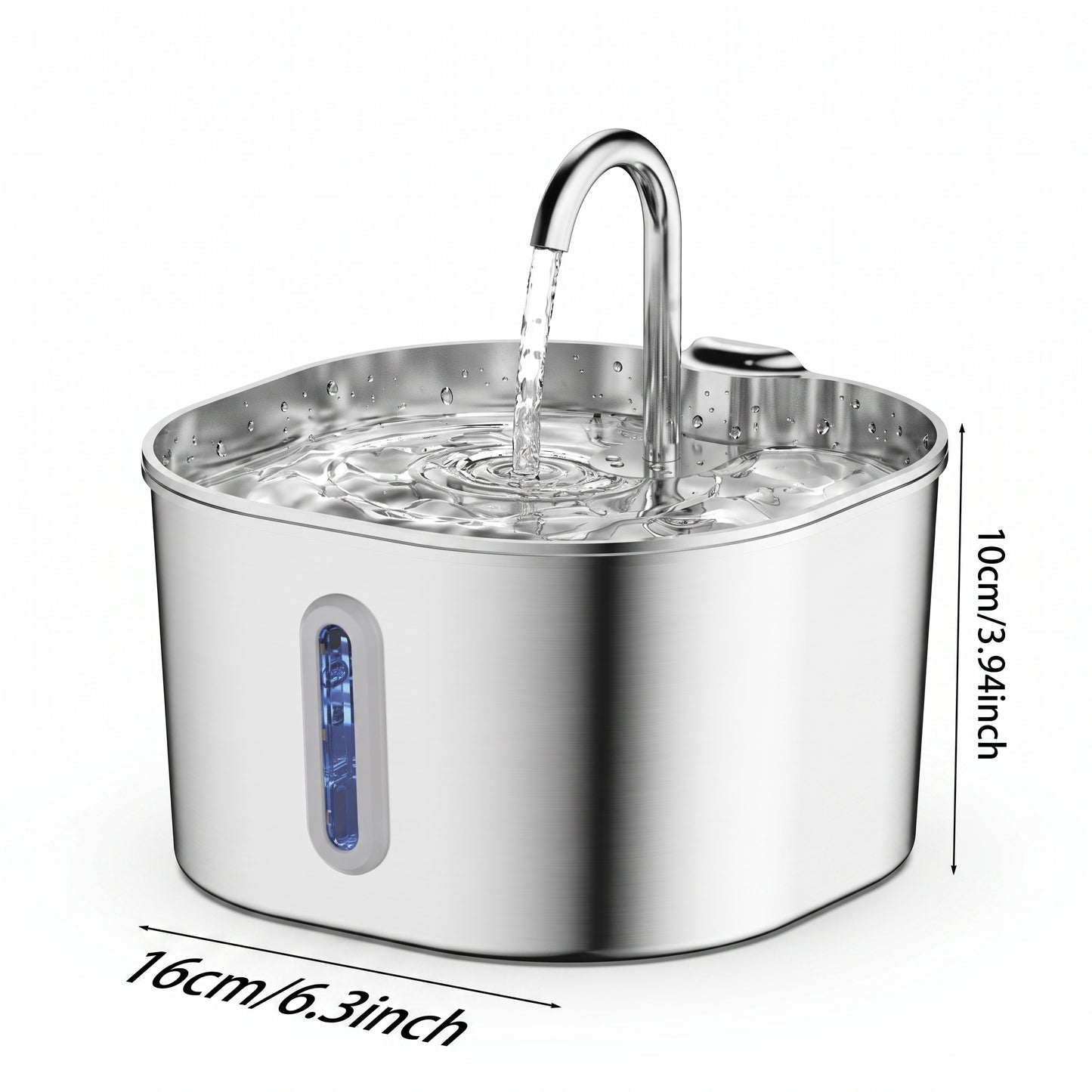 A stainless steel pet water fountain with a curved faucet and water flowing into the basin, shown on a white background with dimension labels indicating 16cm width and 10cm height.