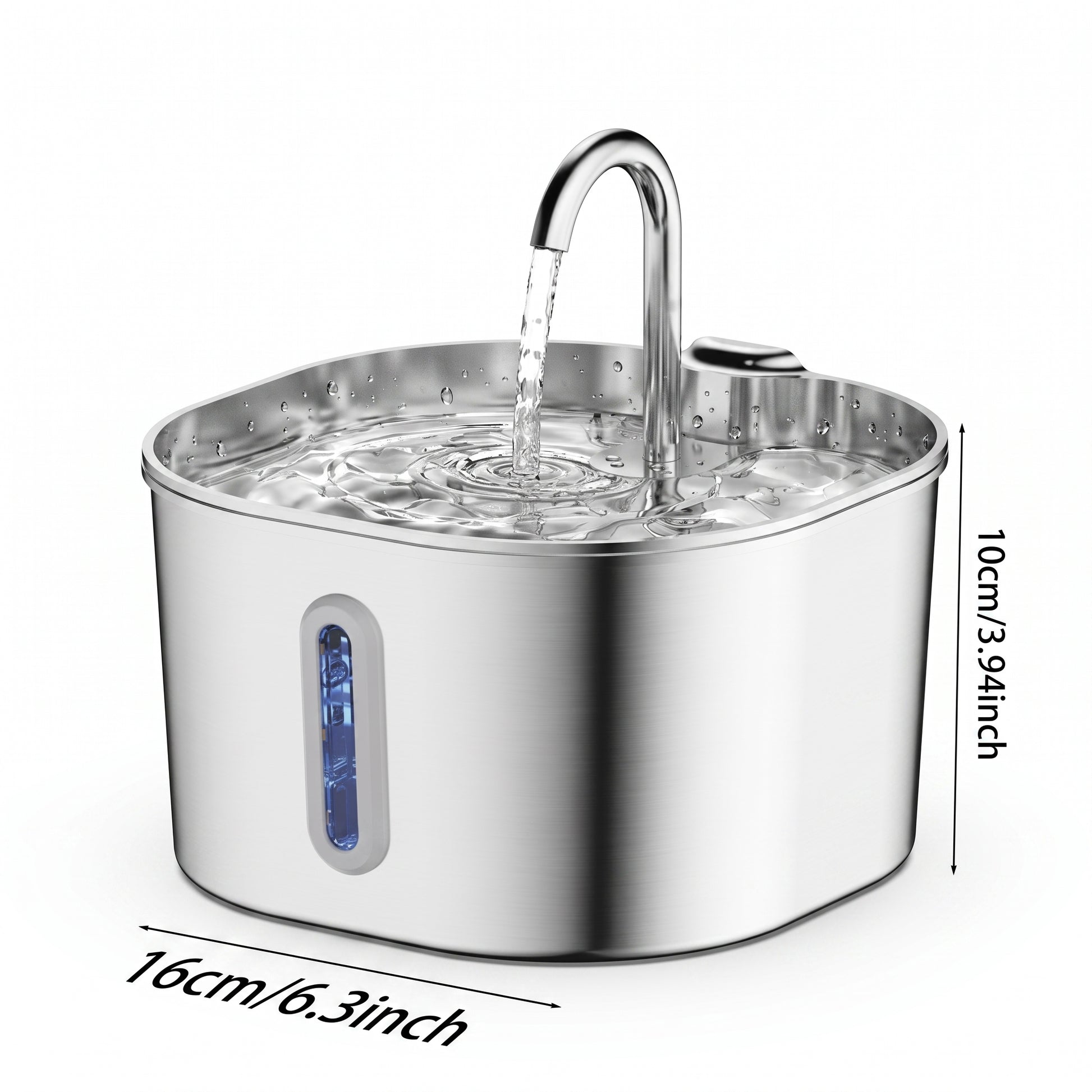 A stainless steel pet water fountain with a curved faucet and water flowing into the basin, shown on a white background with dimension labels indicating 16cm width and 10cm height.