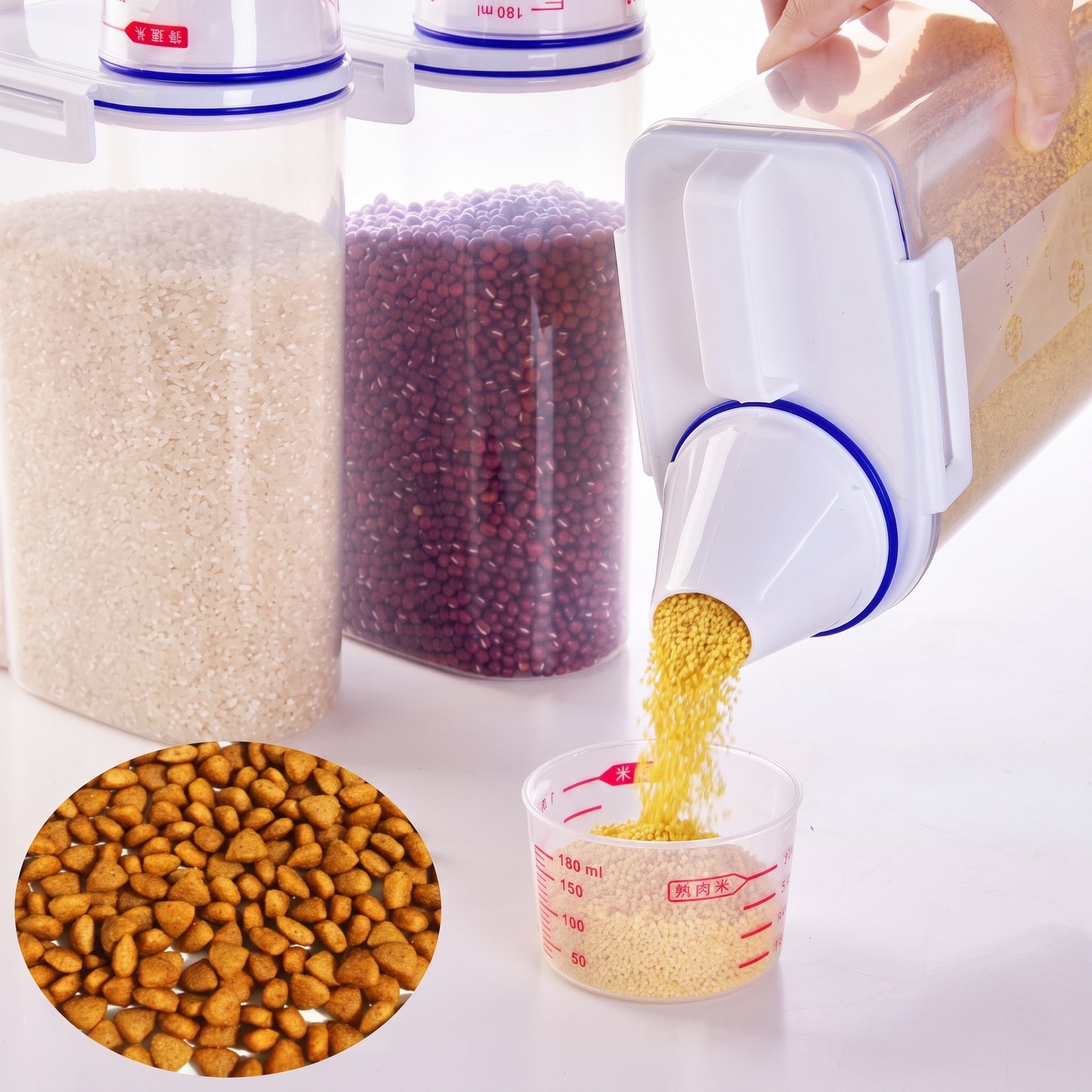 A white and blue plastic grain dispenser shown in use, with a hand pouring yellow grains into a clear measuring cup. Two clear storage jars filled with rice and red beans stand behind it on a white background, with a circular inset of loose grains in the lower left.