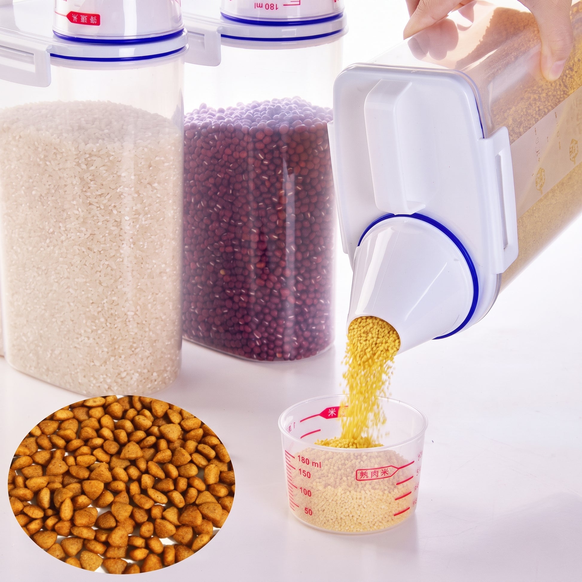 A white and blue plastic grain dispenser shown in use, with a hand pouring yellow grains into a clear measuring cup. Two clear storage jars filled with rice and red beans stand behind it on a white background, with a circular inset of loose grains in the lower left.