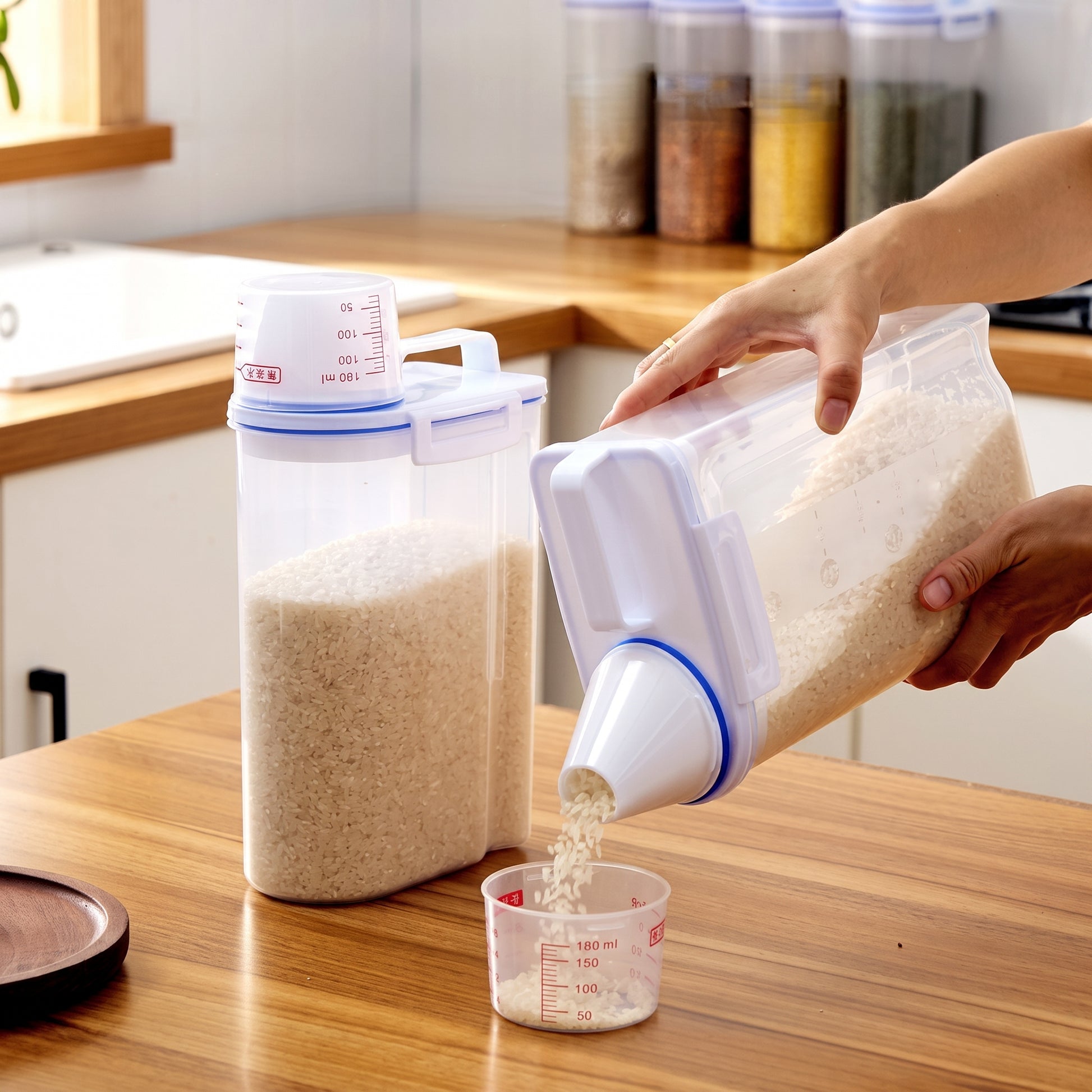 A clear plastic grain storage container with a white lid and blue trim is shown on a wooden kitchen counter. A person's hands are visible pouring rice from one container into a measuring cup, with a second container filled with rice standing beside it.