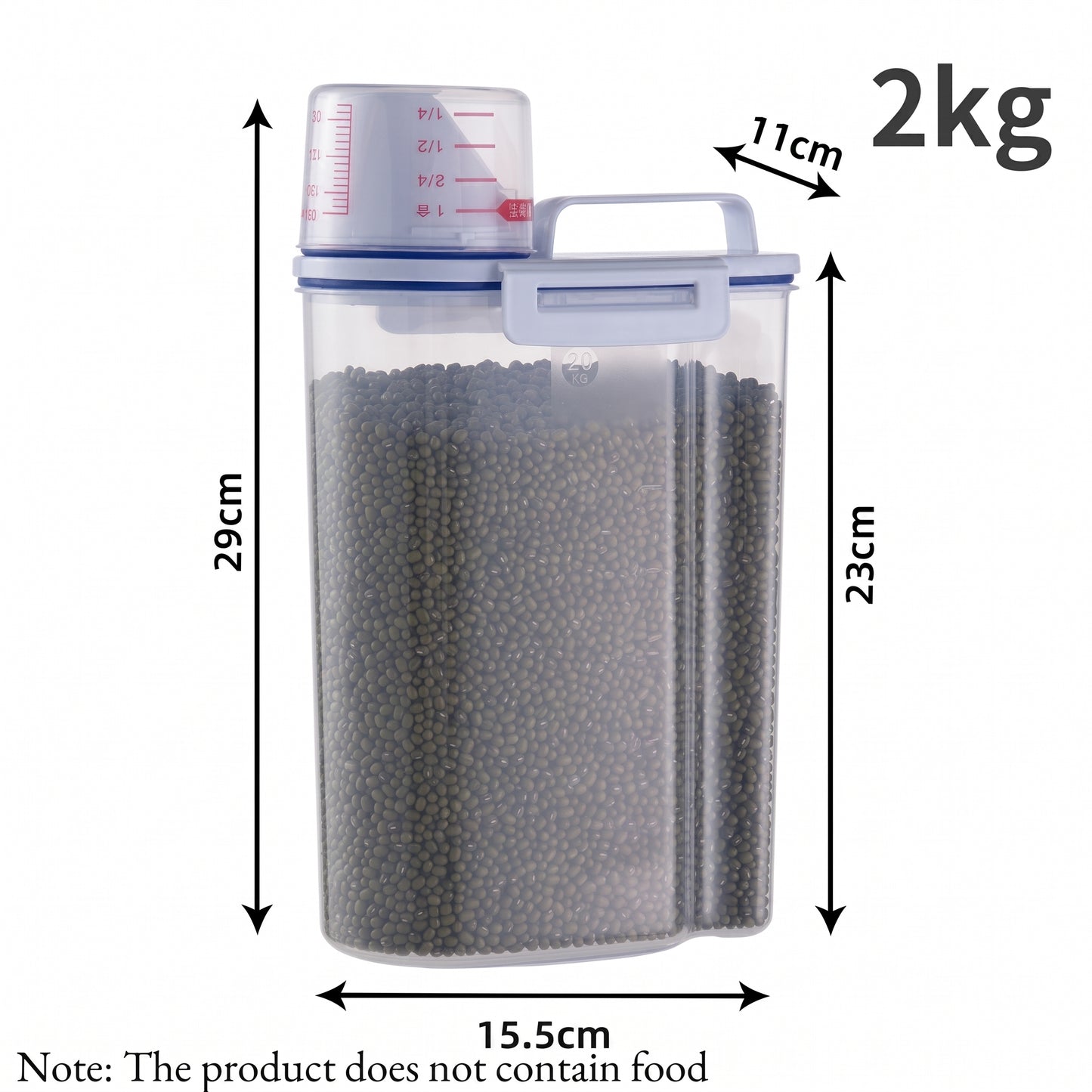 A clear plastic 2kg food storage container with a measuring cup lid, shown with dimension arrows and labels indicating 29cm height, 23cm height, 11cm handle width, and 15.5cm base width.