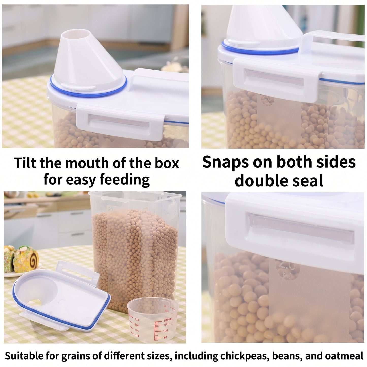 A 2x2 collage showing a clear plastic grain storage container with a white lid and blue seal accents. The panels demonstrate features such as tilting the mouth for easy feeding, double-side snap sealing, and suitability for different grains like chickpeas, beans, and oatmeal.