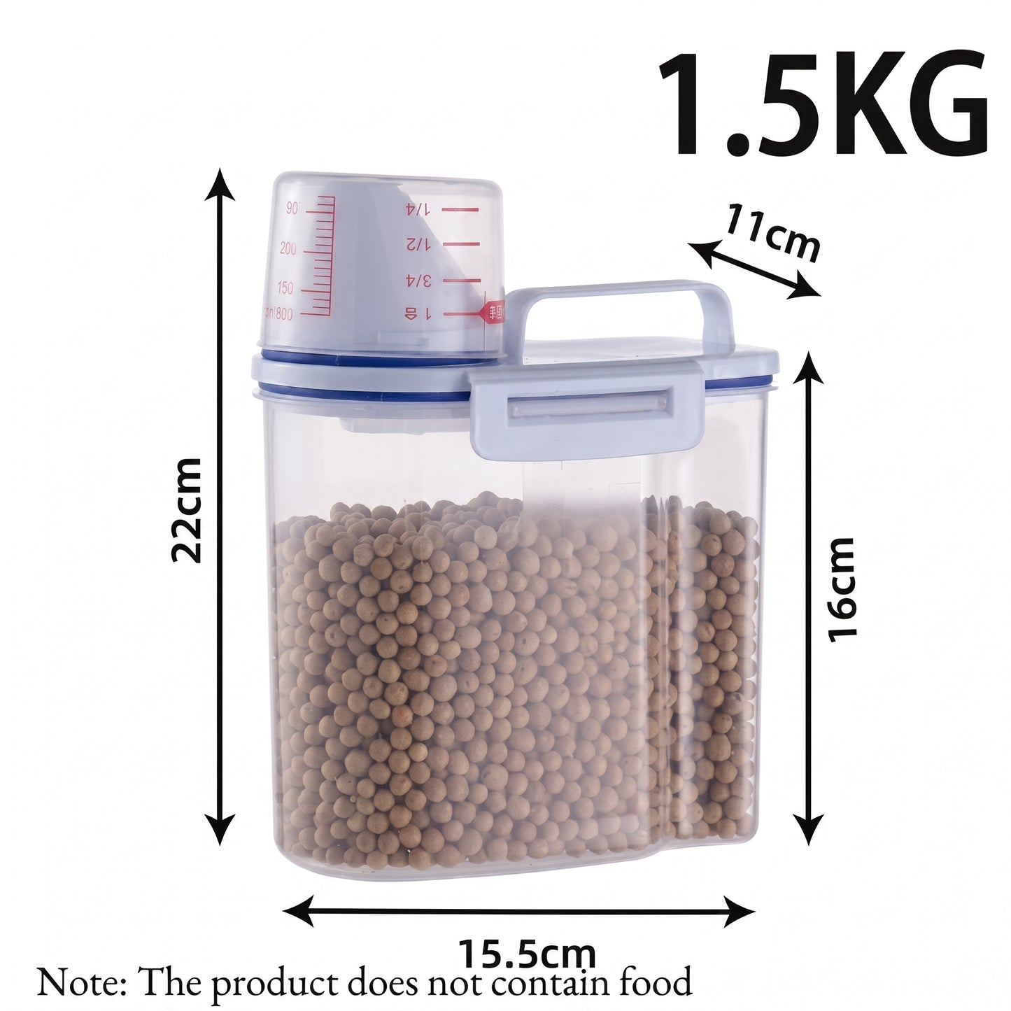 A clear plastic 1.5KG food storage container with a white lid, handle, and measuring cup top, shown with dimension arrows and labels indicating 22cm height, 16cm container height, 11cm handle width, and 15.