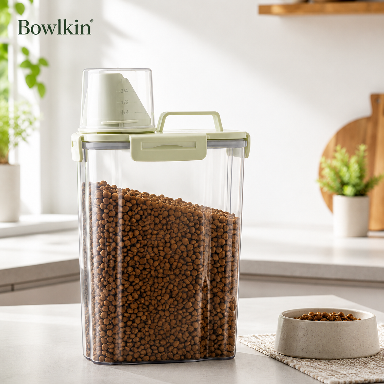 A clear plastic pet food storage container with a pale green lid and handle, filled with brown kibble, shown on a kitchen counter next to a pet bowl. The Bowlink brand logo is visible in the top left corner.