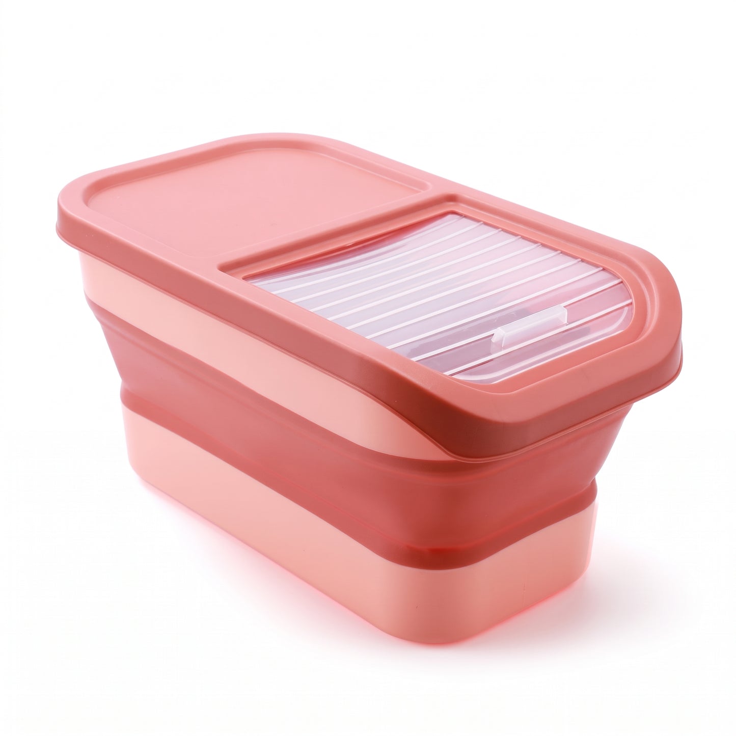 A pink collapsible rectangular container with a matching lid and a clear plastic insert on top, shown on a white background.