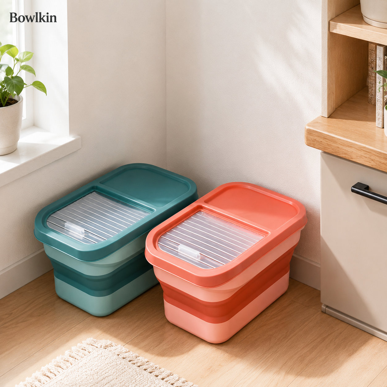 Two Bowkin stackable plastic storage bins with lids, one teal and one coral-orange, shown in a bright corner of a room on a wood floor.