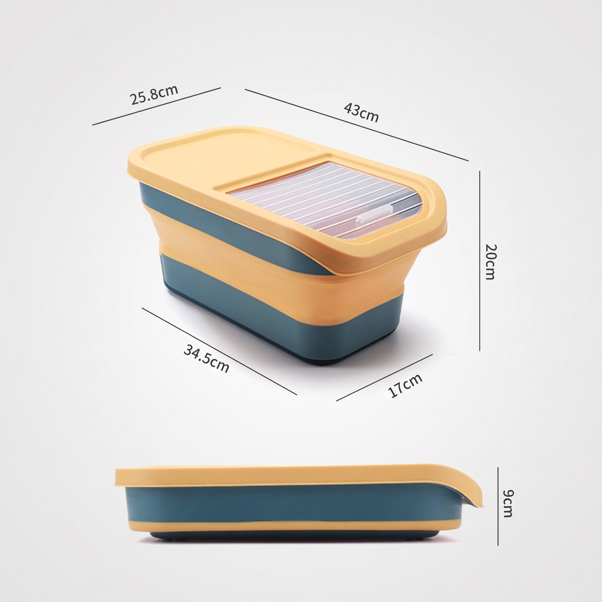 A collapsible rectangular storage container with a lid, shown on a light gray background with overlaid dimension lines and measurements in centimeters.