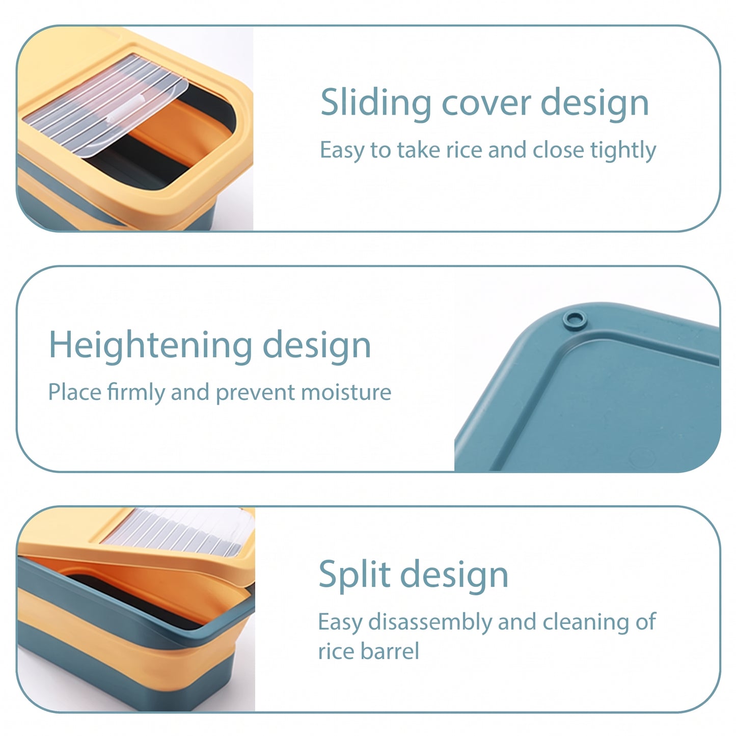 Product features with sliding cover, heightening, and split design on a white background