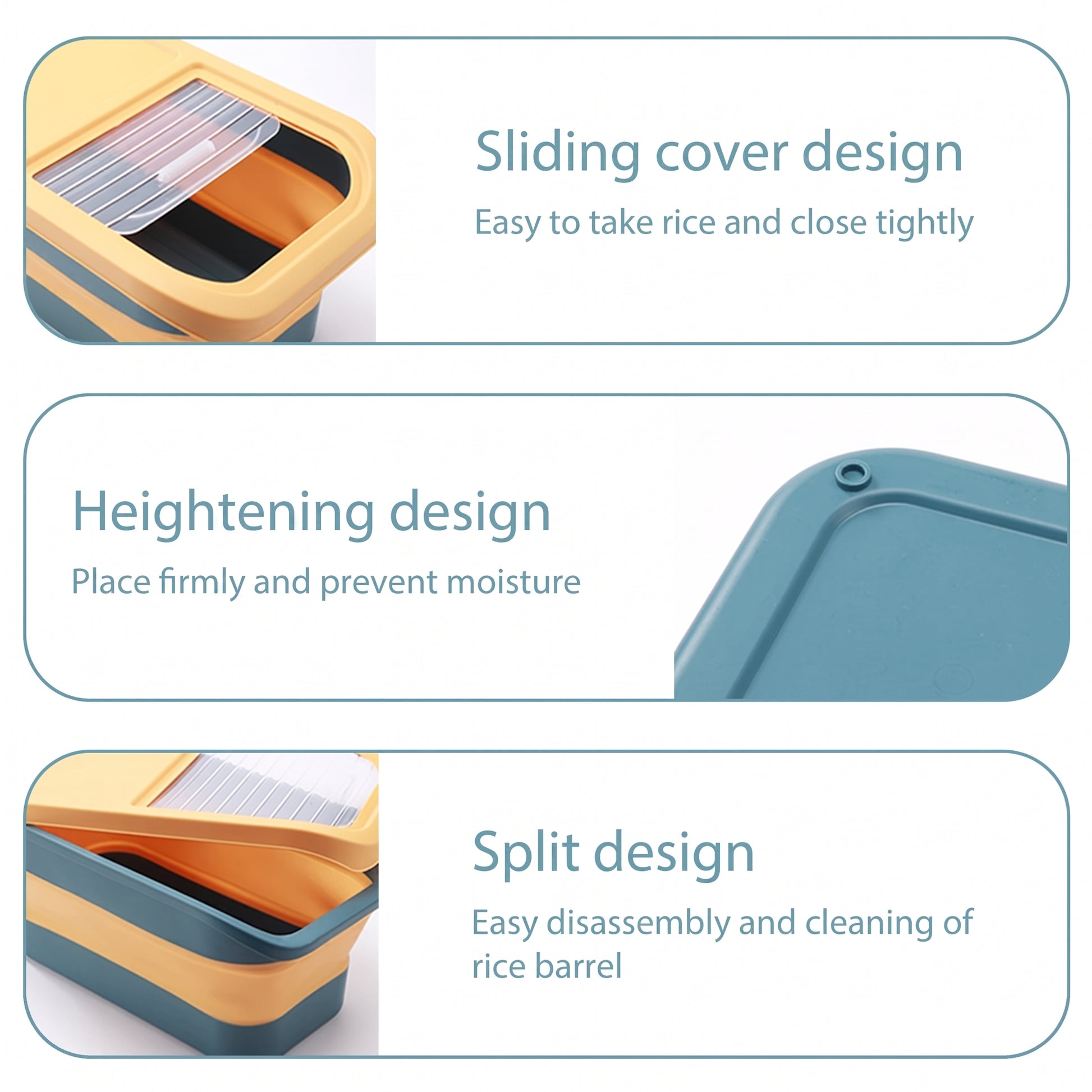 Product features with sliding cover, heightening, and split design on a white background