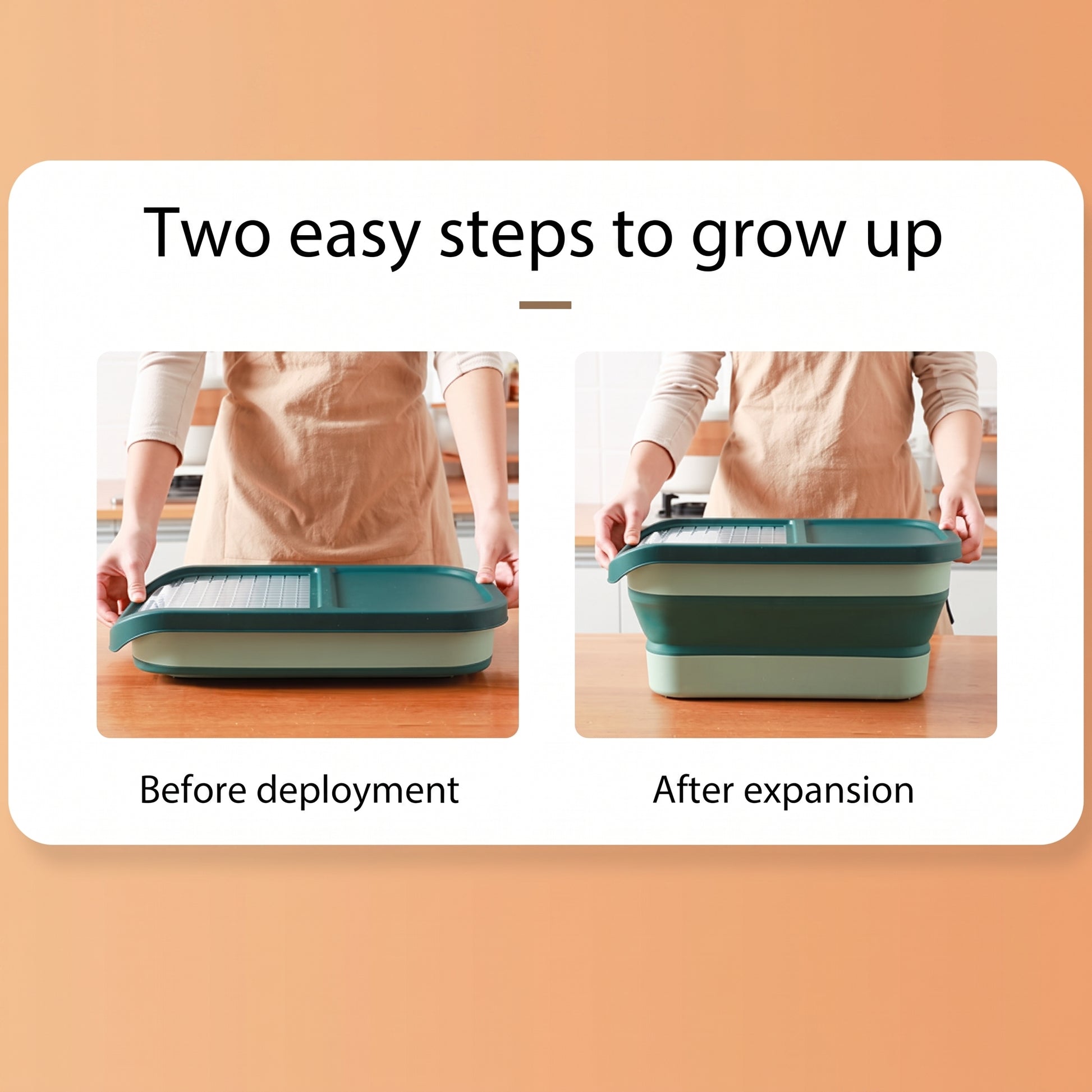 Promotional graphic showing a collapsible rectangular container labeled 'Before deployment' and 'After expansion,' with a person's torso and hands visible in both panels. Large text at the top reads 'Two easy steps to grow up' on a peach background.
