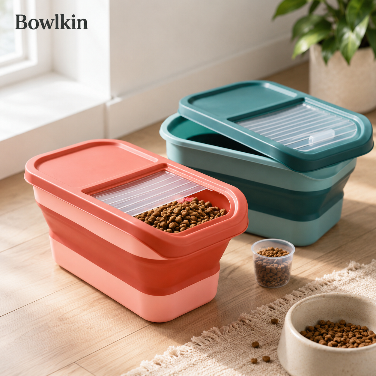 Two Bowlkin collapsible pet food bowls shown on a wooden floor in a bright room. The foreground bowl is coral pink with a translucent lid and filled with kibble, while the background bowl is teal and stacked.