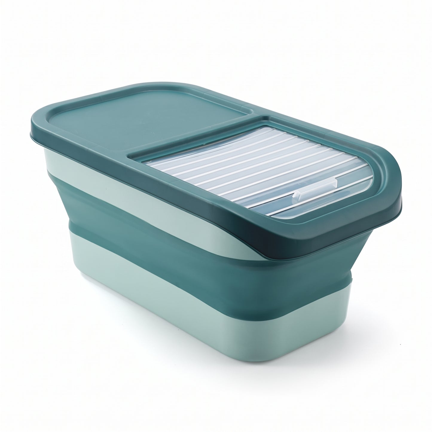 A collapsible silicone lunch container with a dark teal lid featuring a clear window with white ridges, and two stacked light teal compartments, shown on a white background.