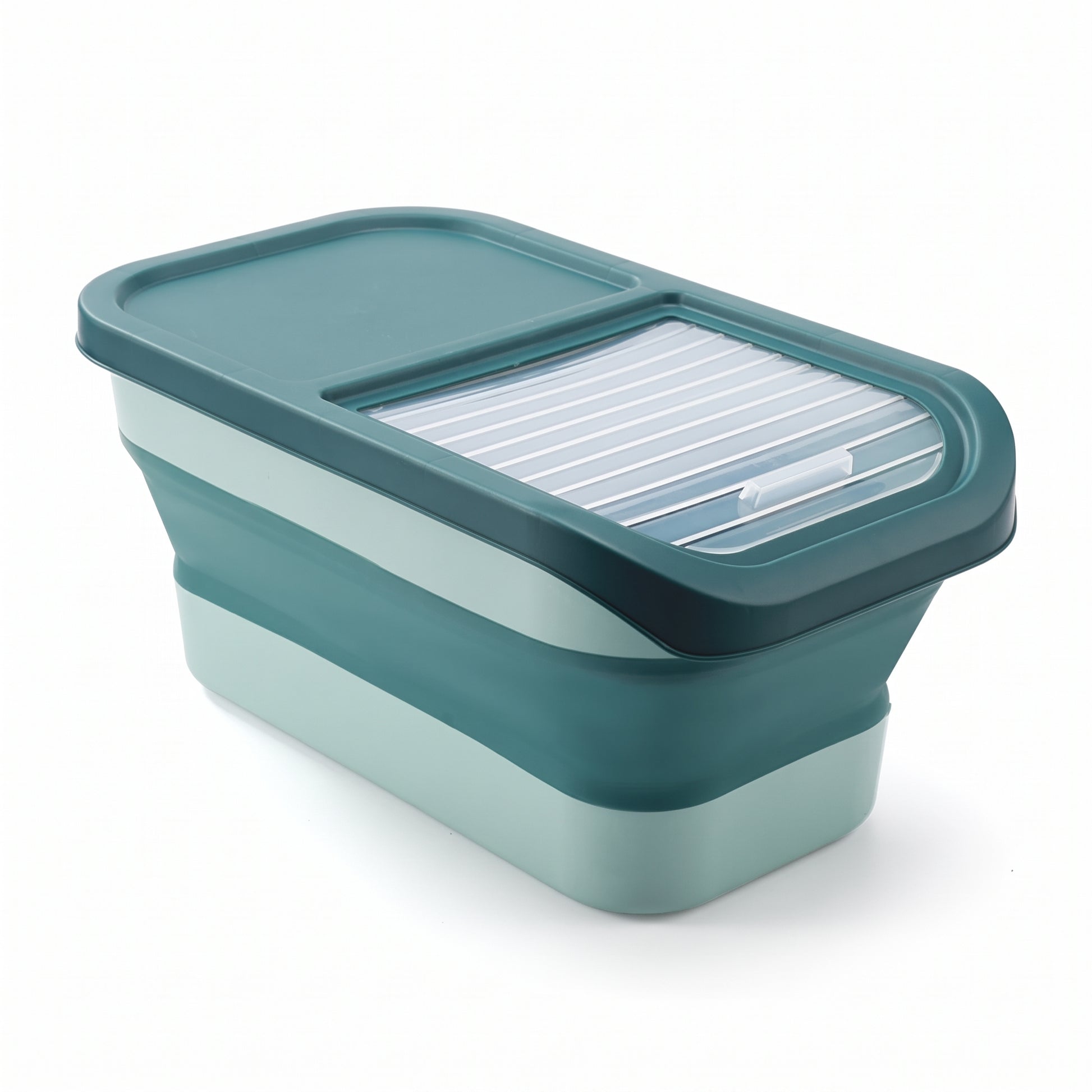 A collapsible silicone lunch container with a dark teal lid featuring a clear window with white ridges, and two stacked light teal compartments, shown on a white background.