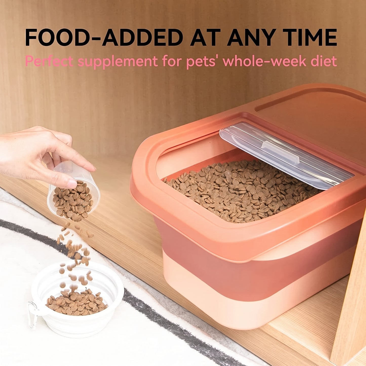 Pet food container with a hand adding food, text indicating it's a perfect supplement for pets' whole-week diet.