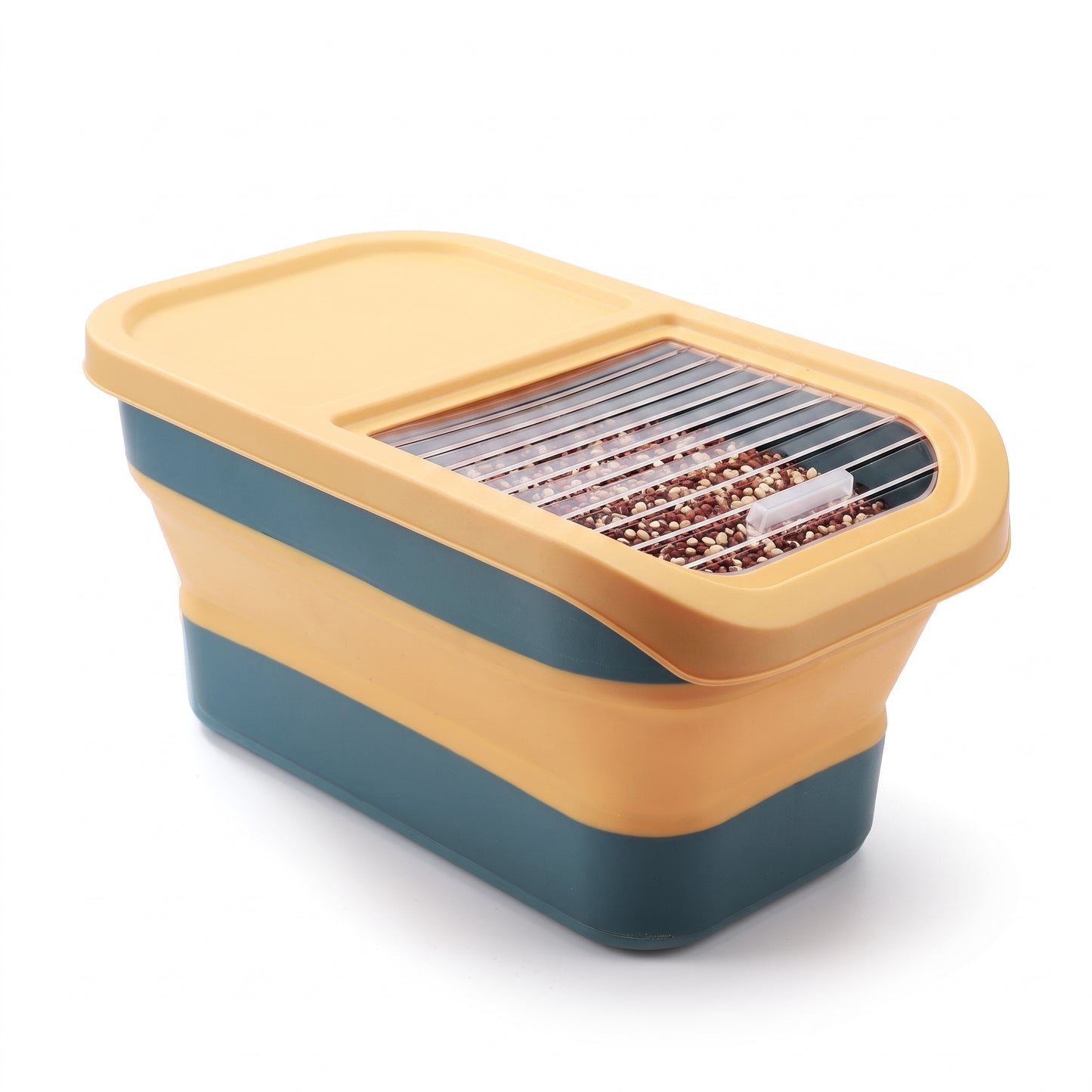 A plastic seed or grain cleaning and sorting container with a lid, featuring a yellow top and base with a dark teal middle band, and a metal mesh screen on top.