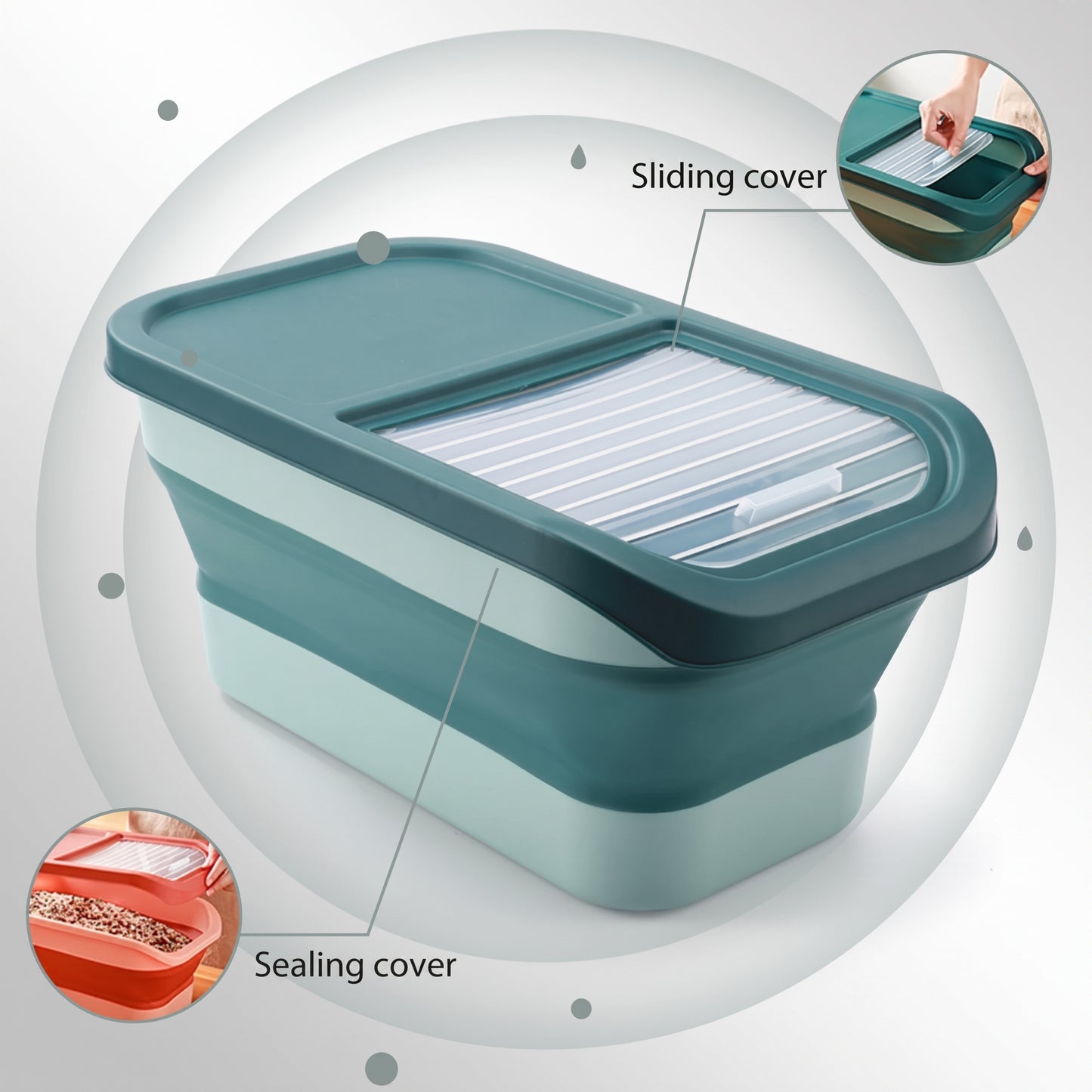 Green plastic container with sliding cover on a white background