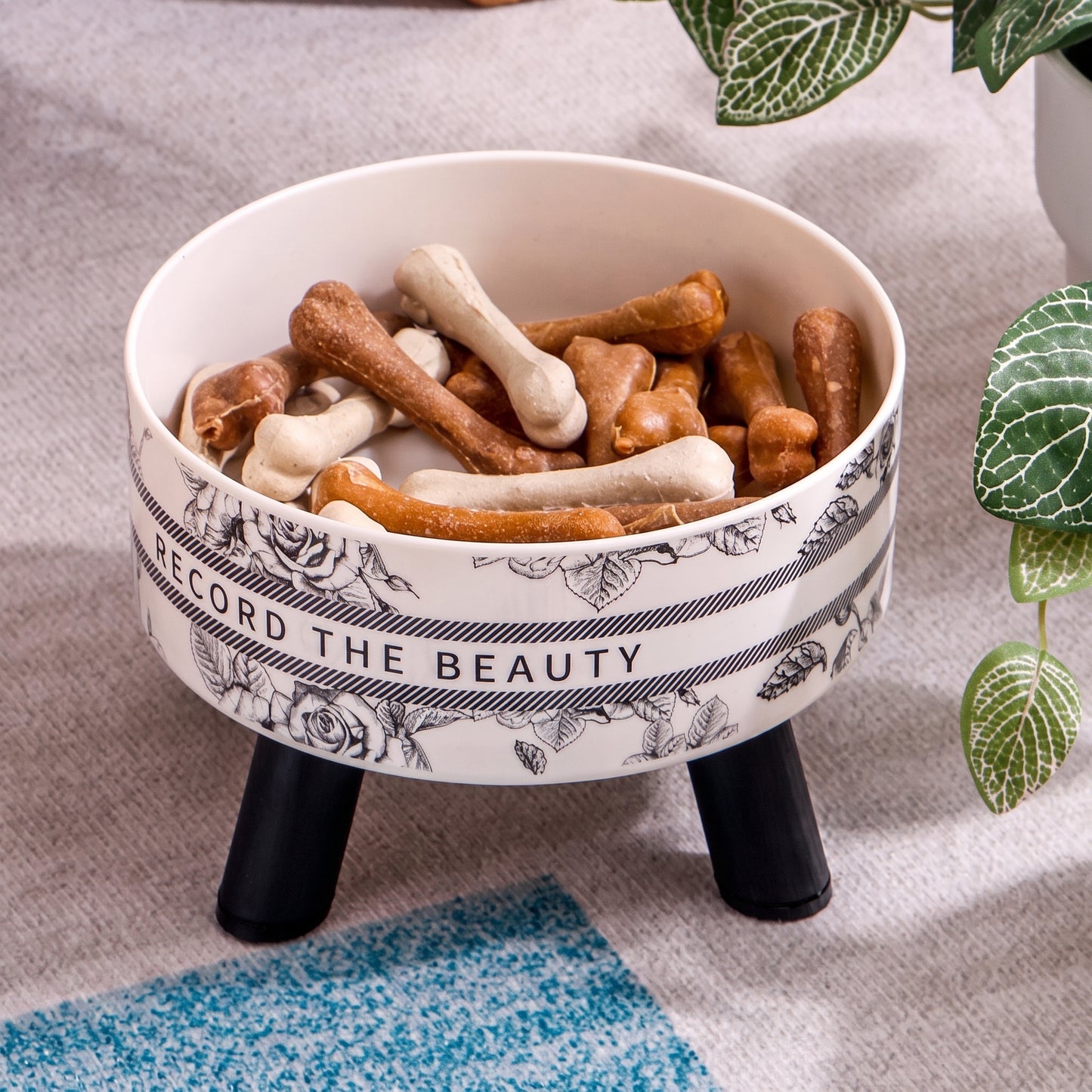 A white elevated pet bowl with black legs, decorated with a black floral line-art pattern and the text 'RECORD THE BEAUTY'. The bowl is filled with dog treats and sits on a textured beige fabric surface next to green plants.